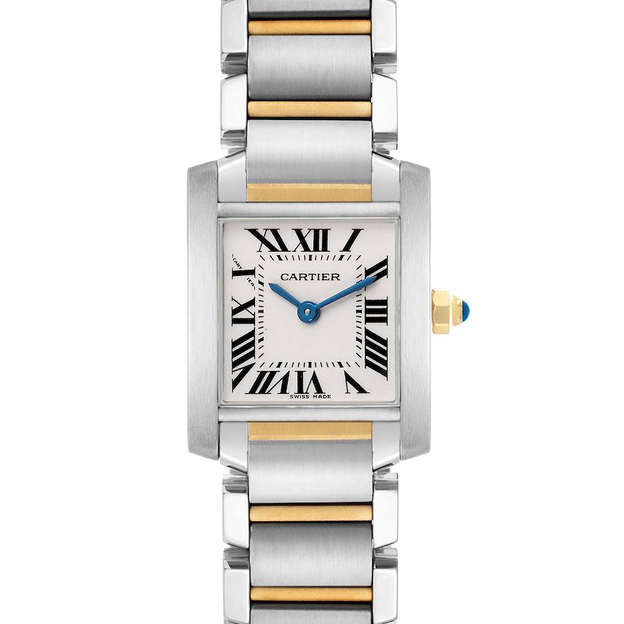 The Cartier Tank Francaise W51007Q4 Women's Steel and Gold (two tone) Silver Dial watch is shown from a front angle, displaying the face, bracelet, and crown.