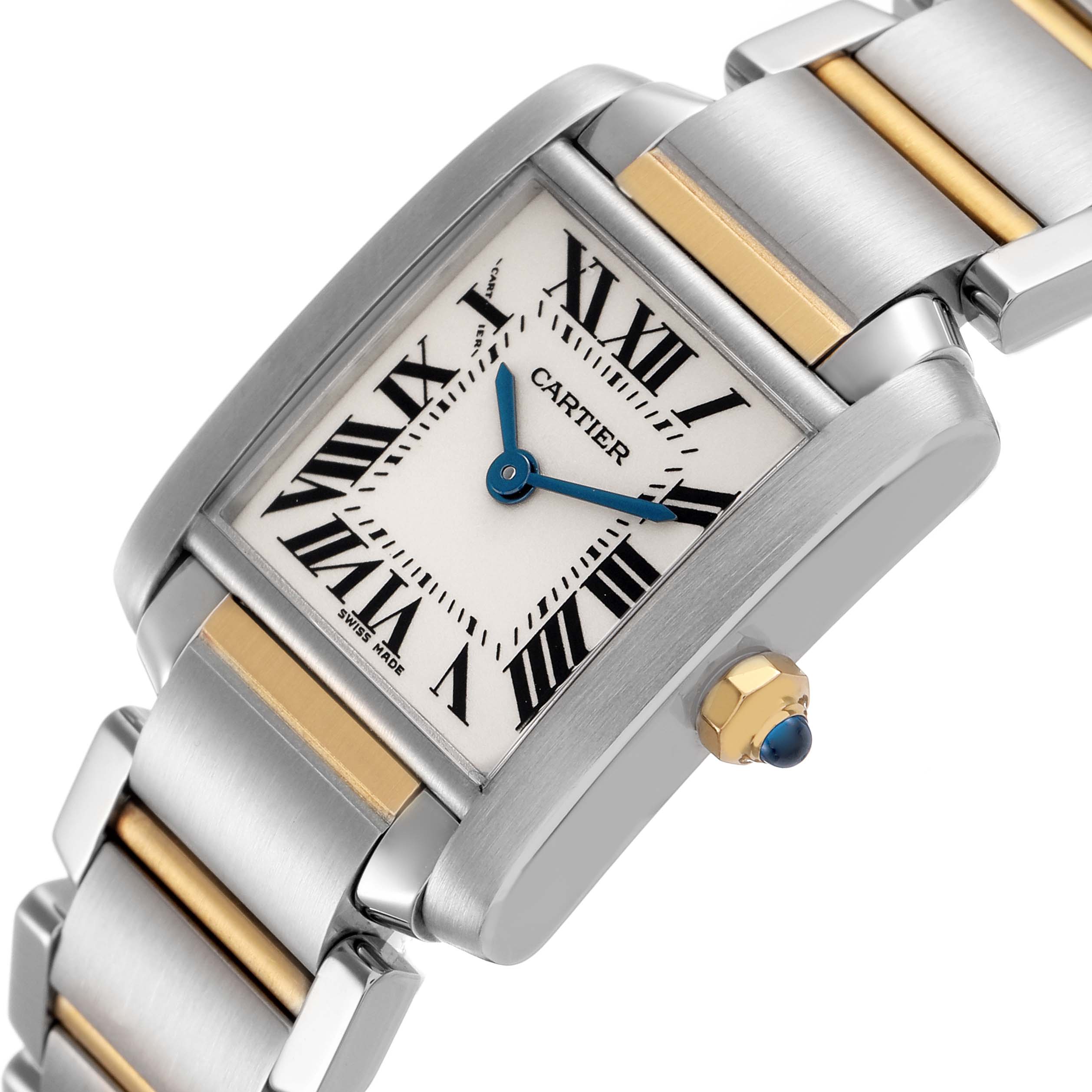 The Cartier Tank Française watch is shown at a slight angle, highlighting its rectangular face, bracelet, and crown with a blue cabochon.