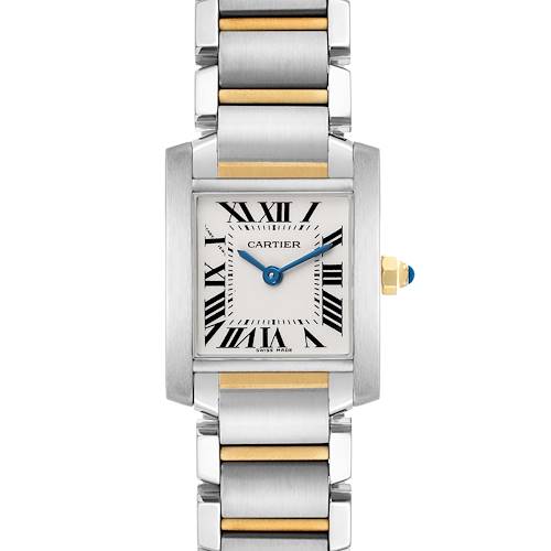 The Cartier Tank Francaise W51007Q4 Women's Steel and Gold (two tone) Silver Dial watch is shown from the front, highlighting its square face, Roman numerals, and metal bracelet.