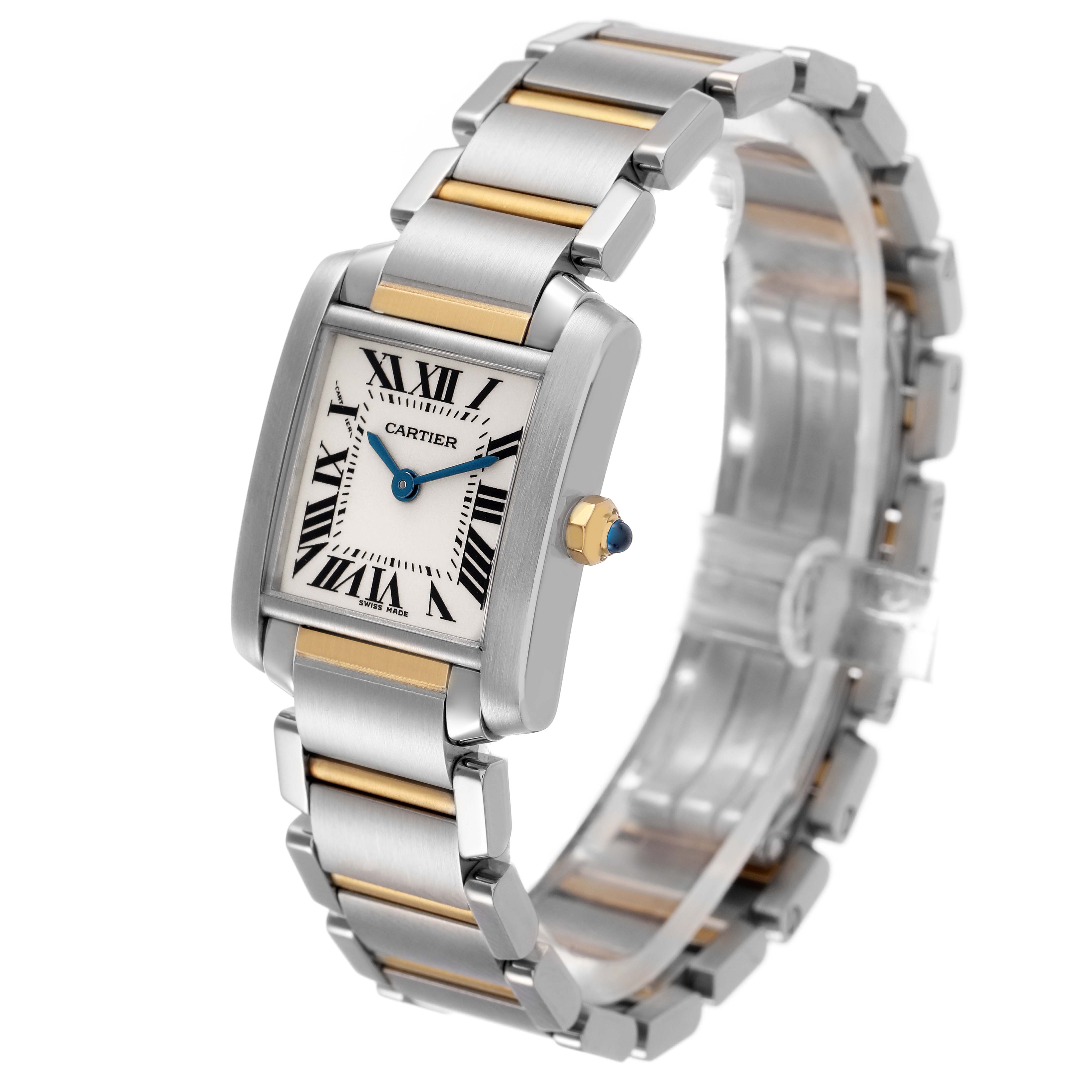 The Cartier Tank Française watch is shown at an angle highlighting the face, case, crown, and two-tone bracelet.