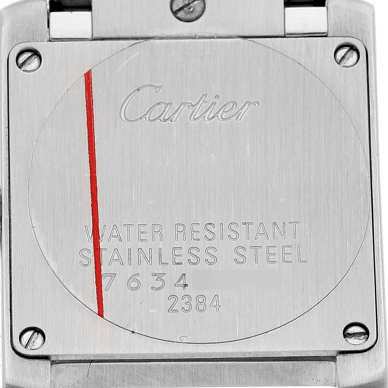 The image shows the back case of the Cartier Tank Française watch, highlighting its water resistance and stainless steel features.