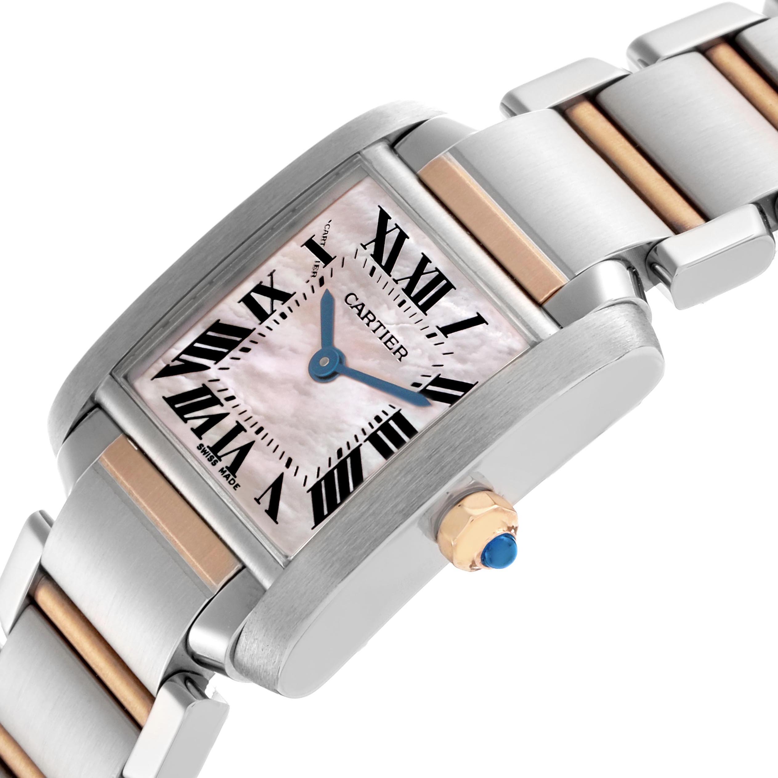 The Cartier Tank Française model W51027Q4 is shown at an angled view highlighting the face, Roman numerals, and the crown with a blue cabochon.