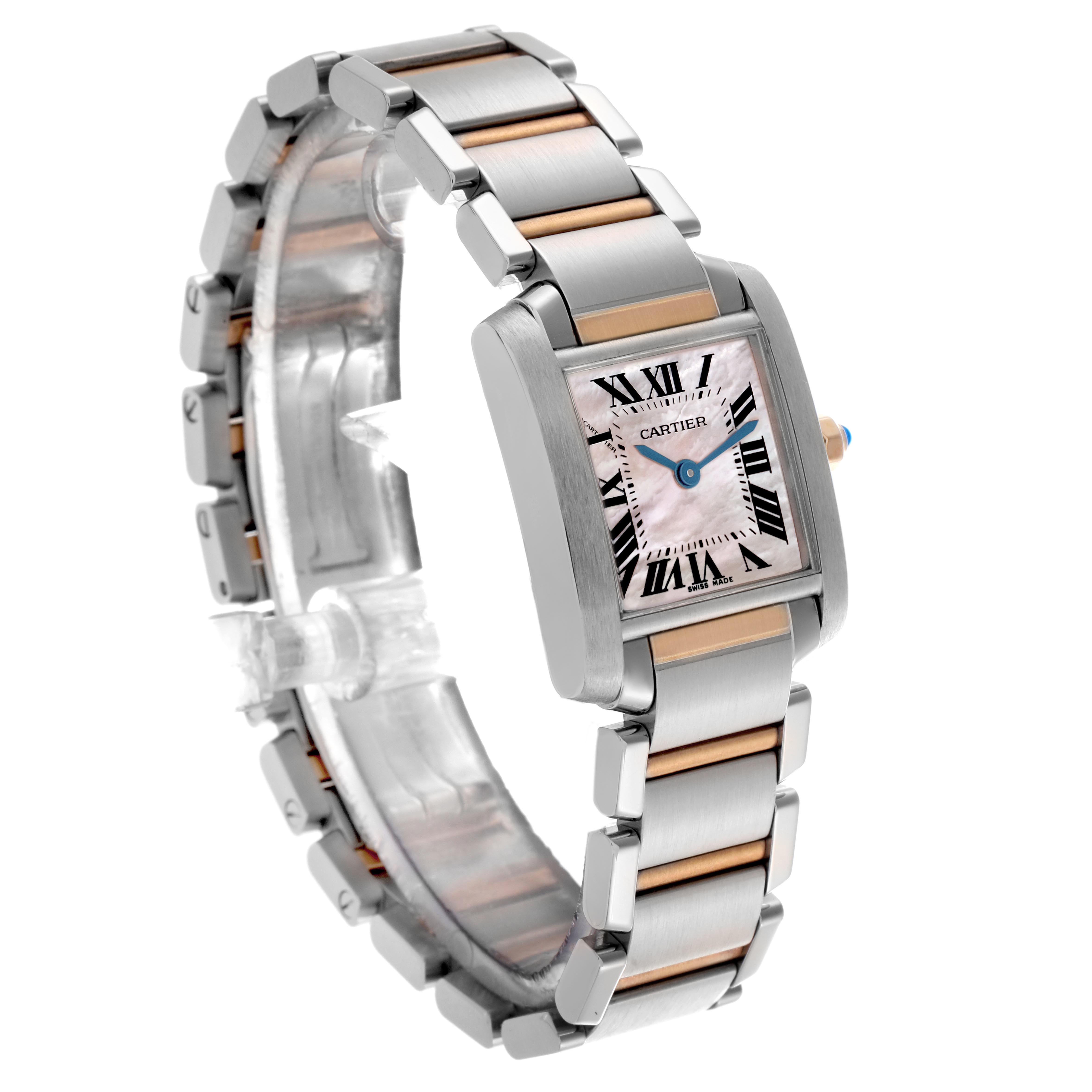 The image shows a Cartier Tank Francaise men
s watch, model W51027Q4, from an angled view highlighting its rectangular case, bracelet, and Roman numeral dial.