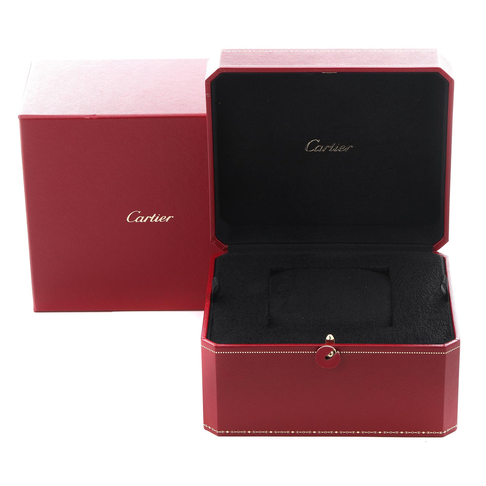 The image shows an open Cartier watch box and outer case for the Tank Francaise model, model number W51027Q4, with a black interior and red exterior.