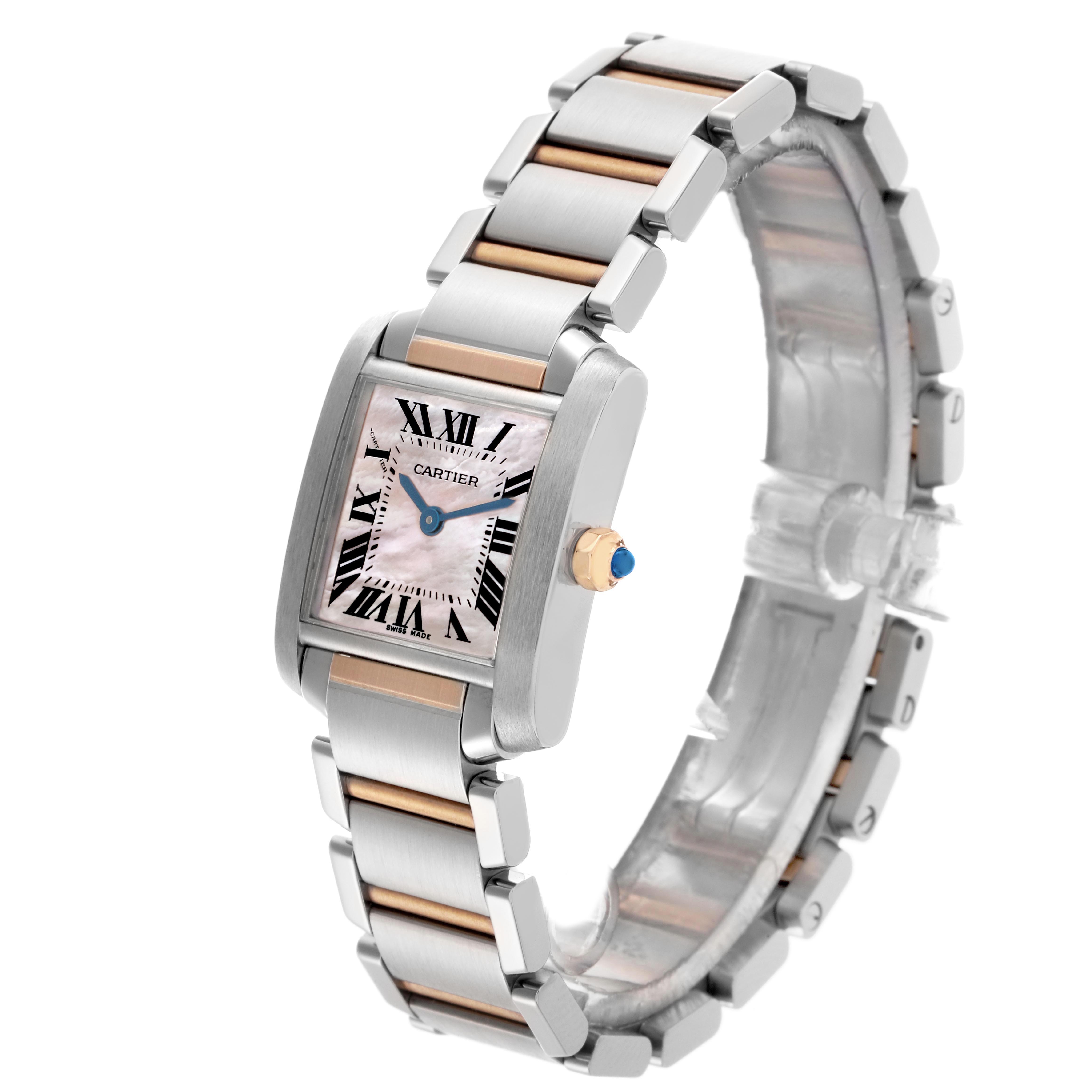 The Cartier Tank Francaise W51027Q4 men
s watch is shown at an angled view, highlighting the face, crown, and two-tone bracelet design.