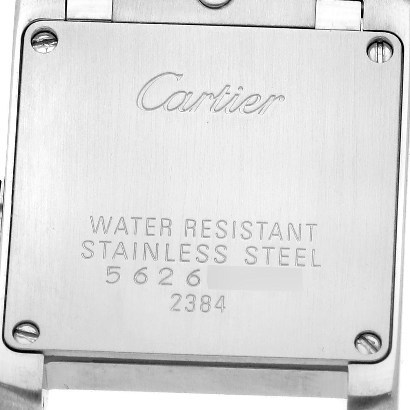 The image shows the back case of a Cartier Tank Francaise model number W51027Q4, highlighting the brand logo and details about water resistance and material.