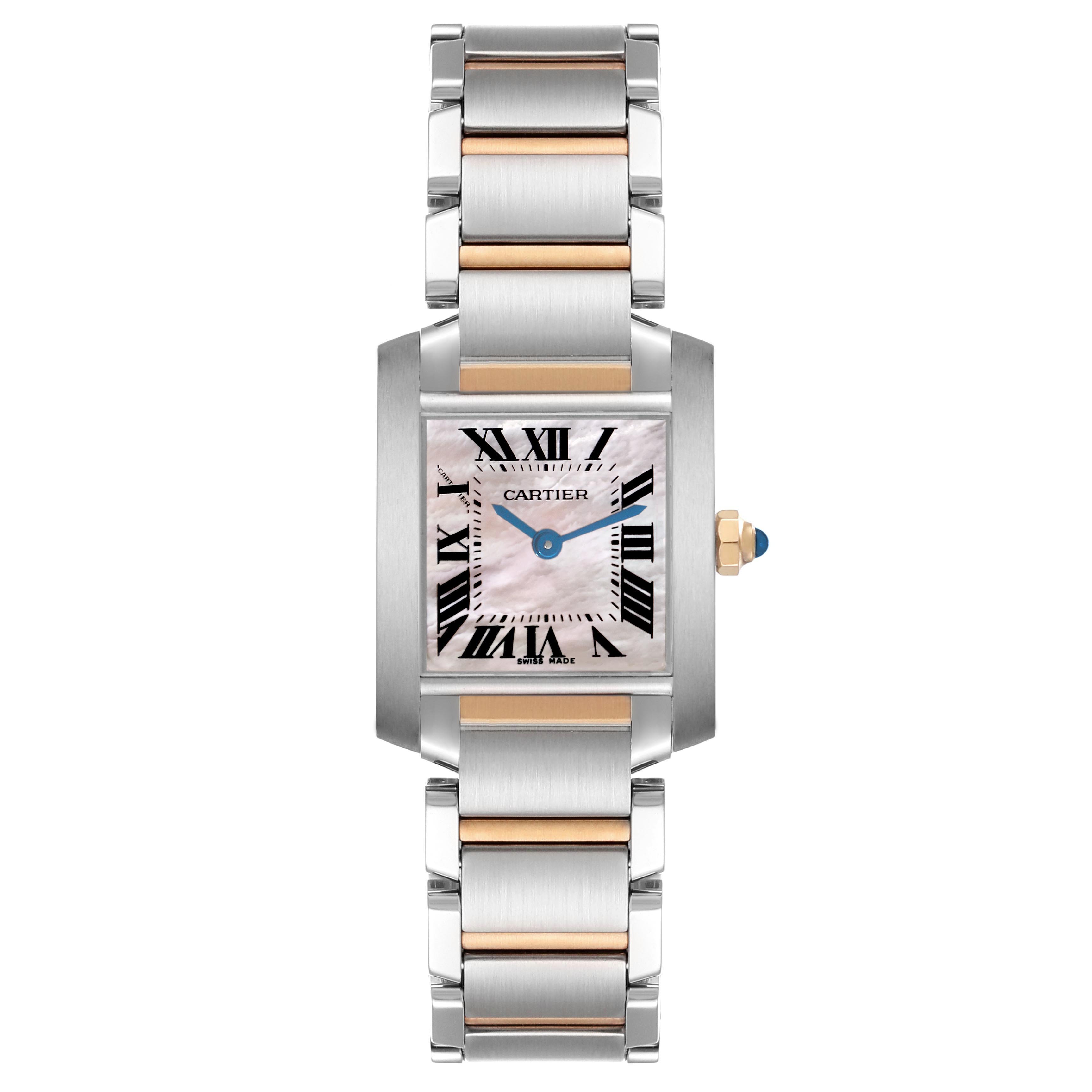 The Cartier Tank Francaise W51027Q4 men
s watch is shown from the front, displaying its square face, Roman numerals, metal bracelet, and crown with a blue cabochon.