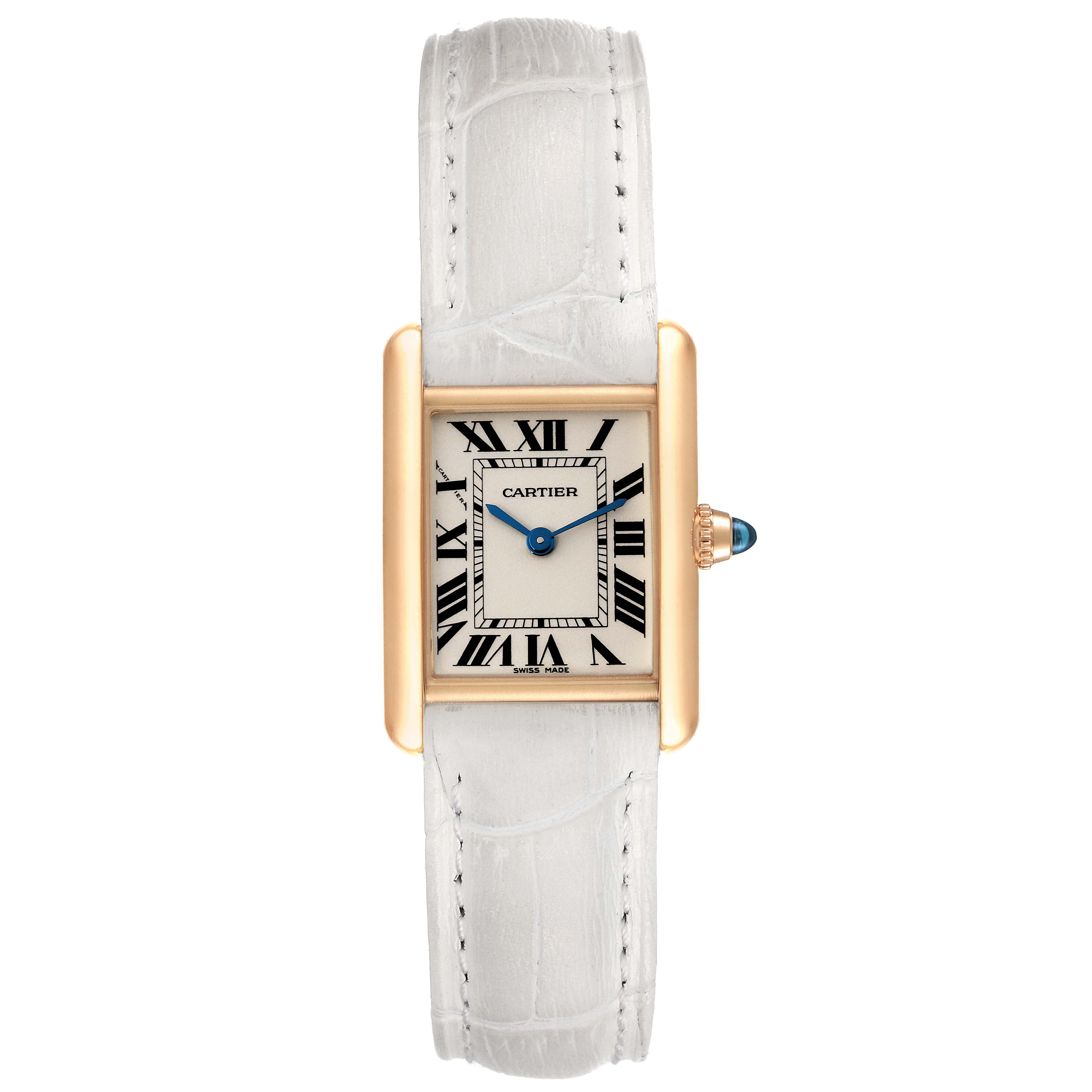 The Cartier Tank Louis W1529856 Women
s Yellow Gold Silver Dial W1529856 Women
s Yellow Gold Silver Dial watch is shown from a top view, displaying the face, strap, and crown.