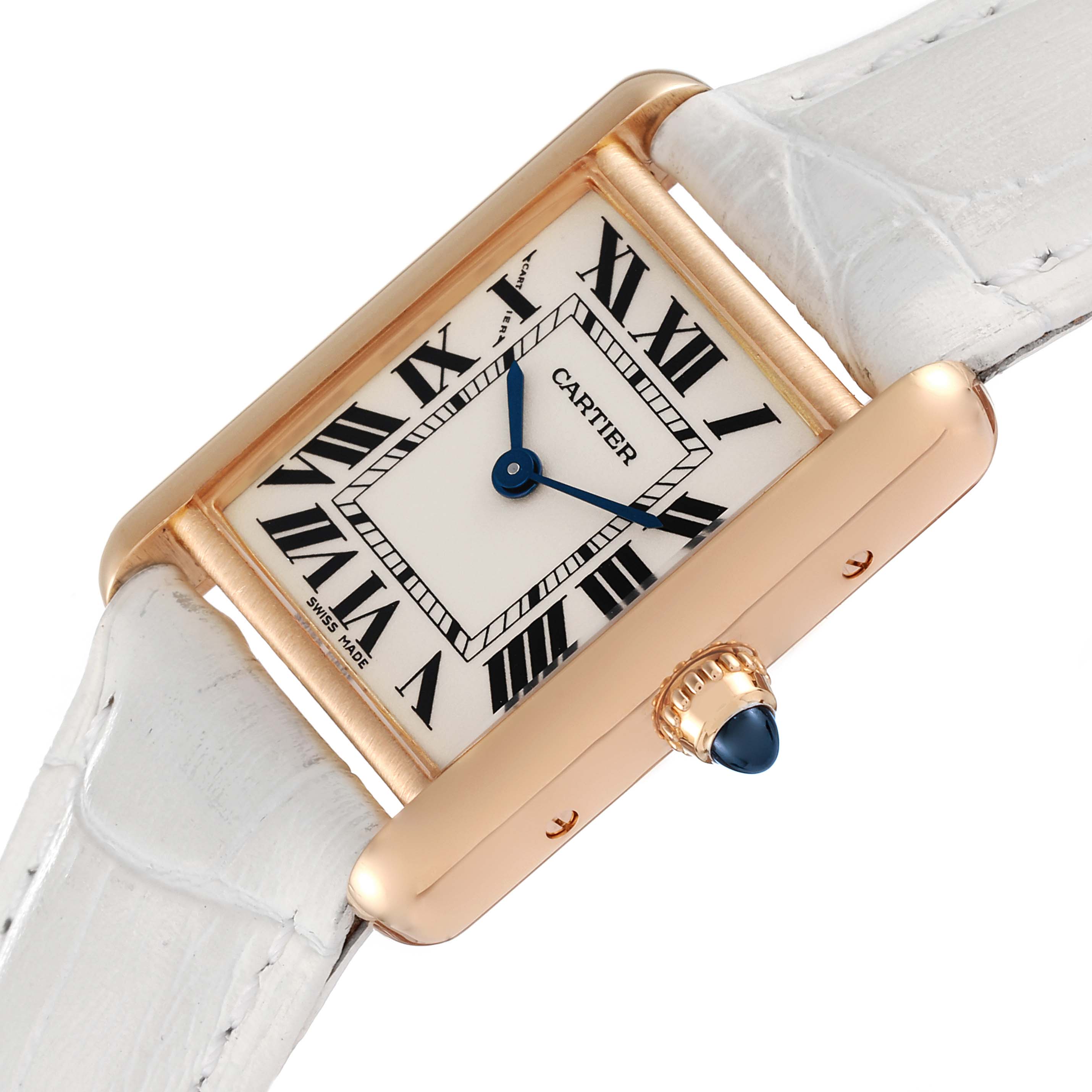 The Tank Louis model by Cartier is shown at an angle displaying its face, crown, and part of the white strap.