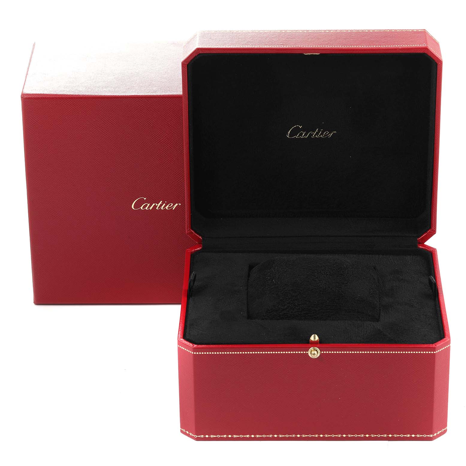 The image shows an open red Cartier box designed to hold the Tank Louis model watch with its velvet interior.