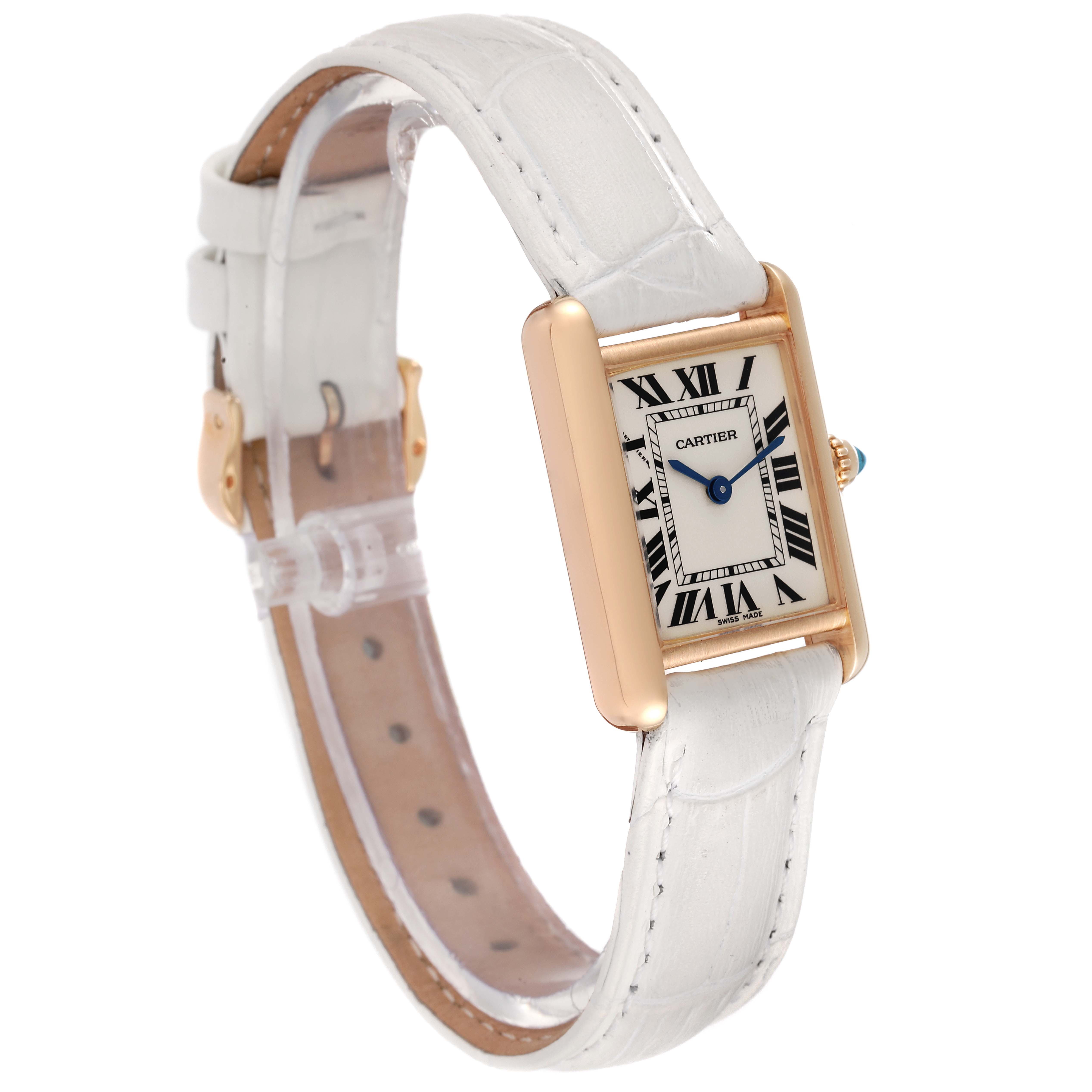 The image shows the Cartier Tank Louis W1529856 Women
s Yellow Gold Silver Dial W1529856 Women
s Yellow Gold Silver Dial watch from a 3/4 angle, highlighting its face, strap, and side.