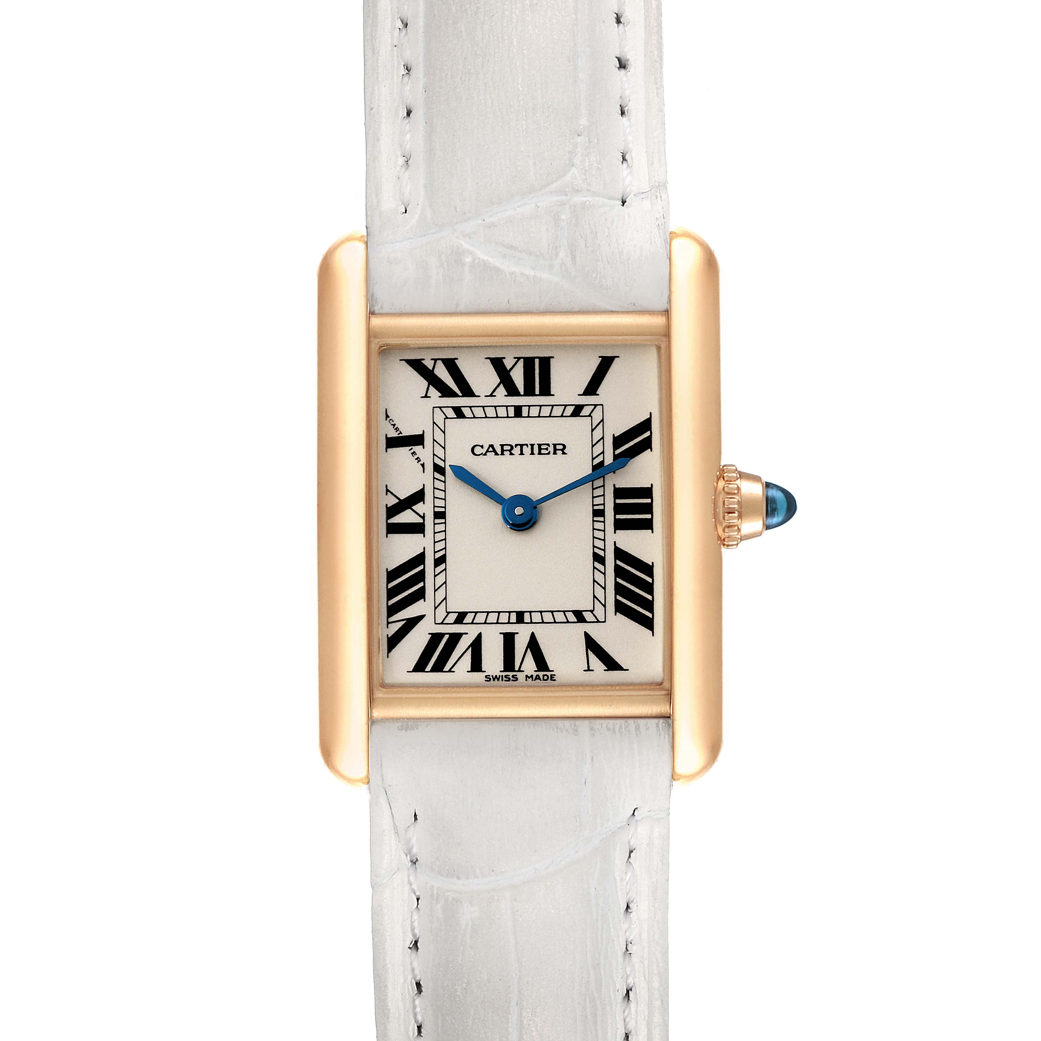 The image shows a frontal view of the Cartier Tank Louis W1529856 Women
s Yellow Gold Silver Dial W1529856 Women
s Yellow Gold Silver Dial watch, featuring a rectangular gold case, Roman numeral dial, and blue hands.