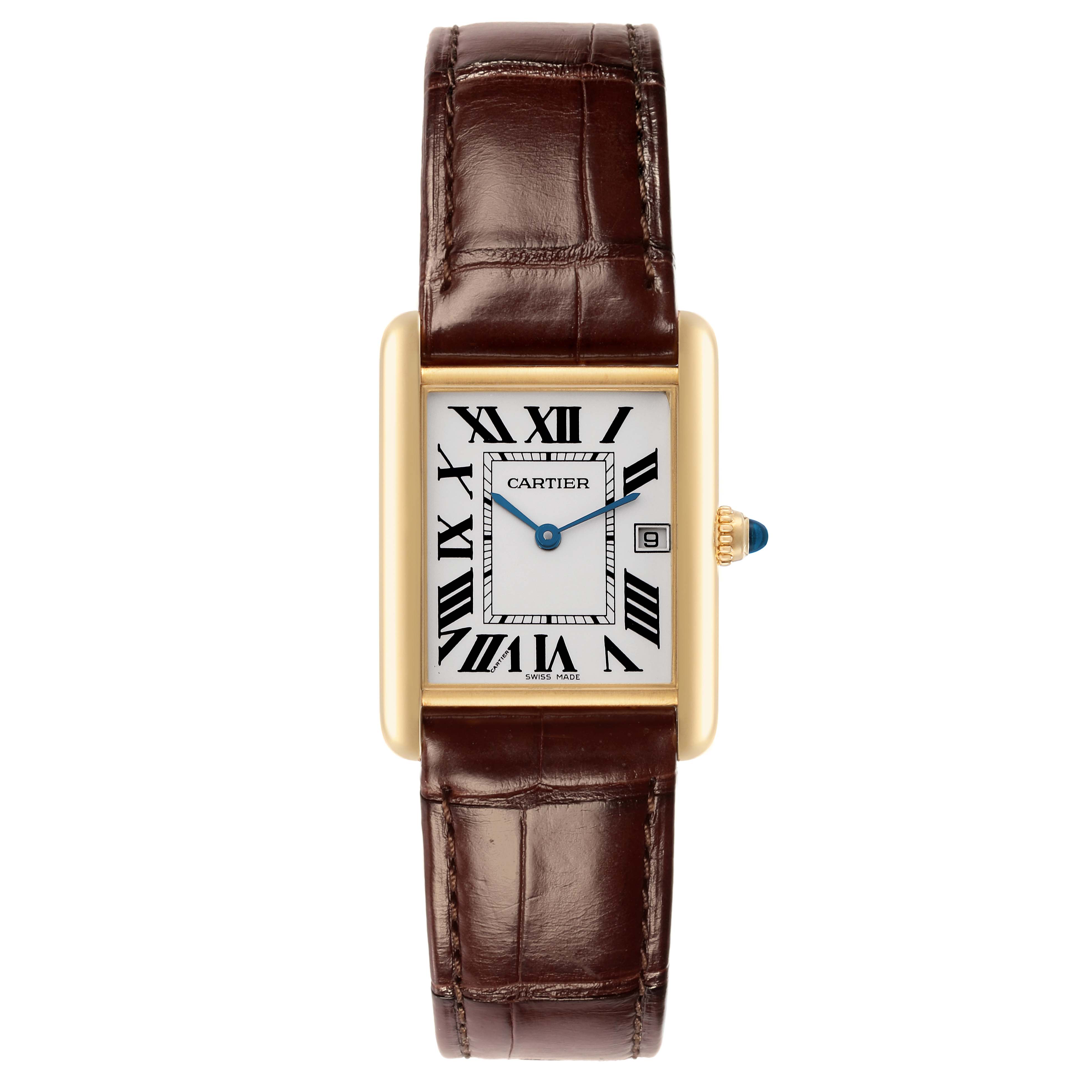 The Cartier Tank Louis model W1529756 watch is shown from a top-down angle, highlighting the face, Roman numerals, and brown leather strap.