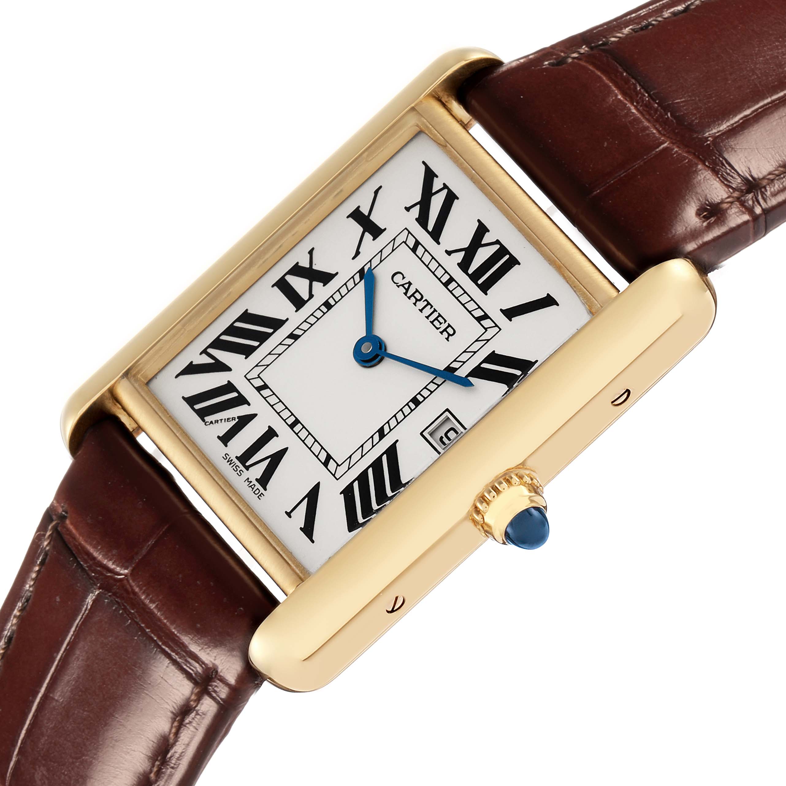 The Cartier Tank Louis model W1529756 is shown at an angled view, highlighting its rectangular case, Roman numeral dial, blue hands, and leather strap.