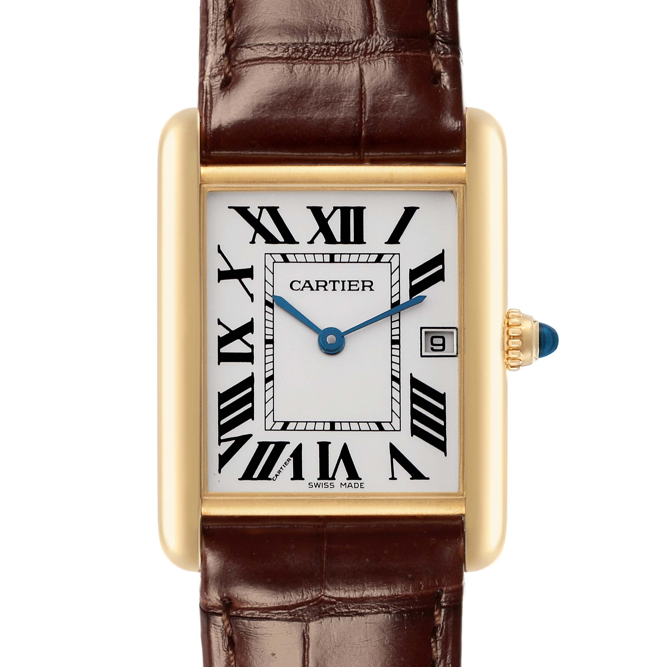 The Cartier Tank Louis model number W1529756 is shown from a front angle, displaying the dial, Roman numerals, blue hands, and brown leather strap.