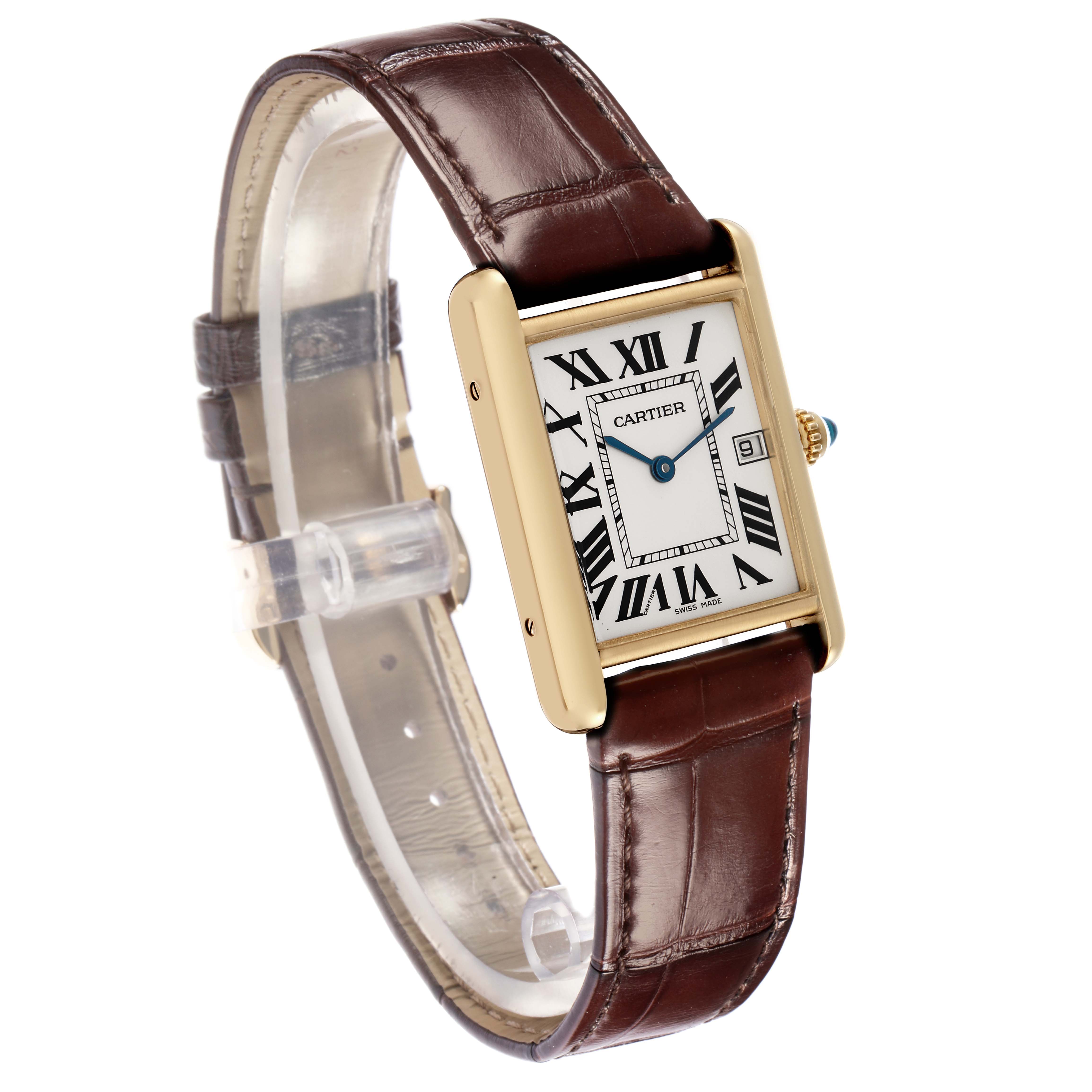 The Cartier Tank Louis watch model W1529756 is shown at an angle displaying its rectangular gold case, white dial with Roman numerals, blue hands, and brown leather strap.