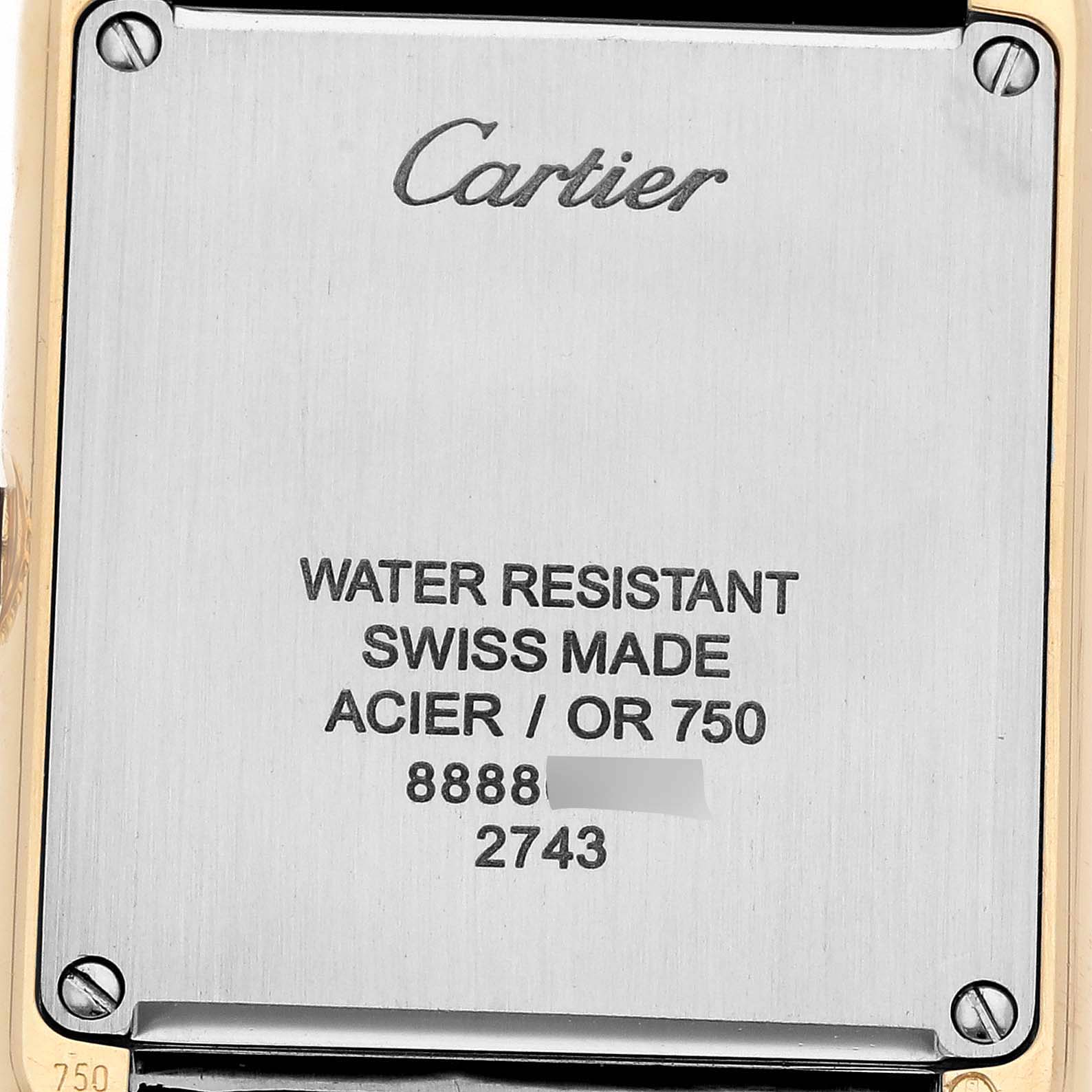 The image shows the back case of a Cartier Tank Solo watch, model number W1018755, highlighting details like "Water Resistant," "Swiss Made," and material information.