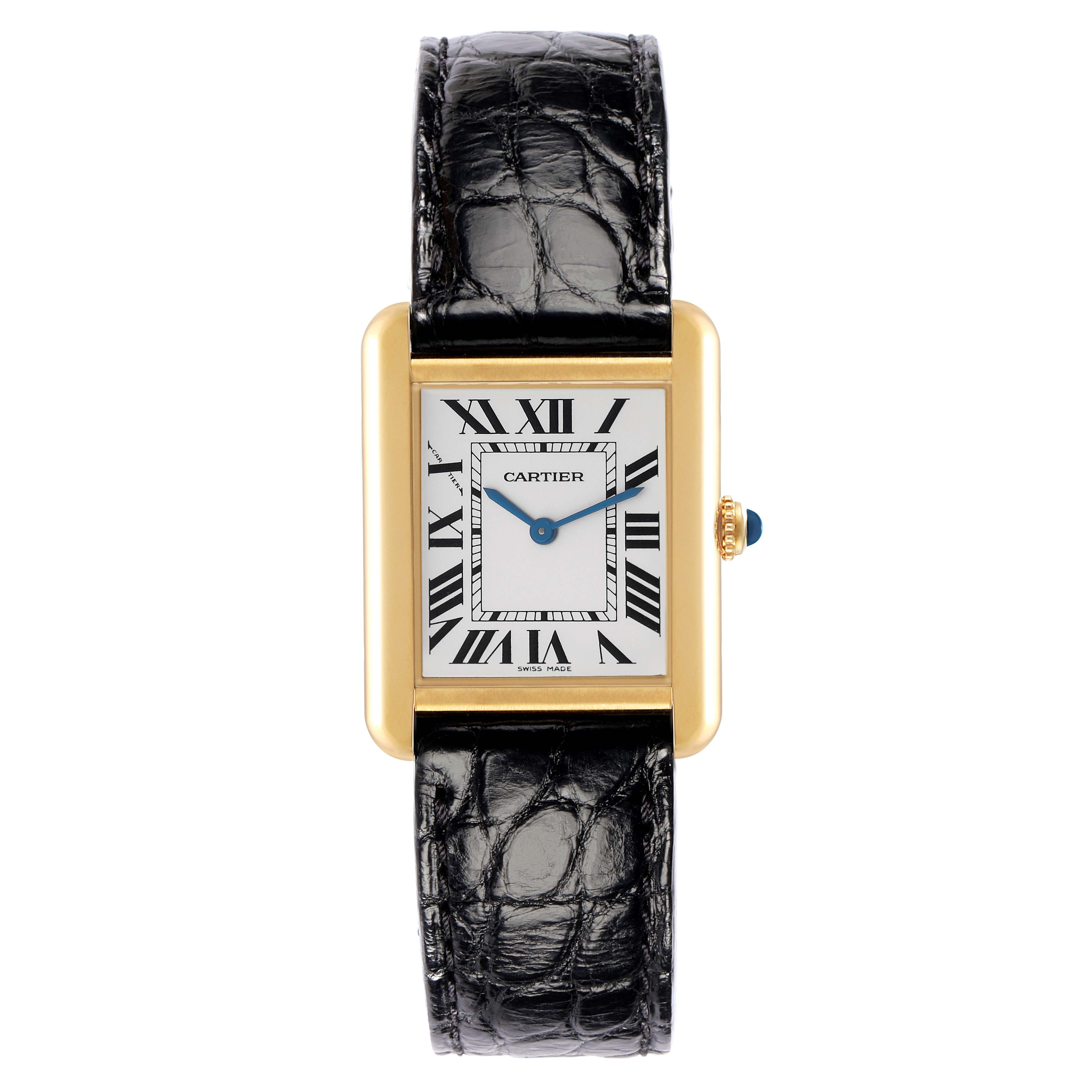 The Cartier Tank Solo model W1018755 is shown from a front angle, featuring the watch face, gold case, black leather strap, and blue cabochon crown.