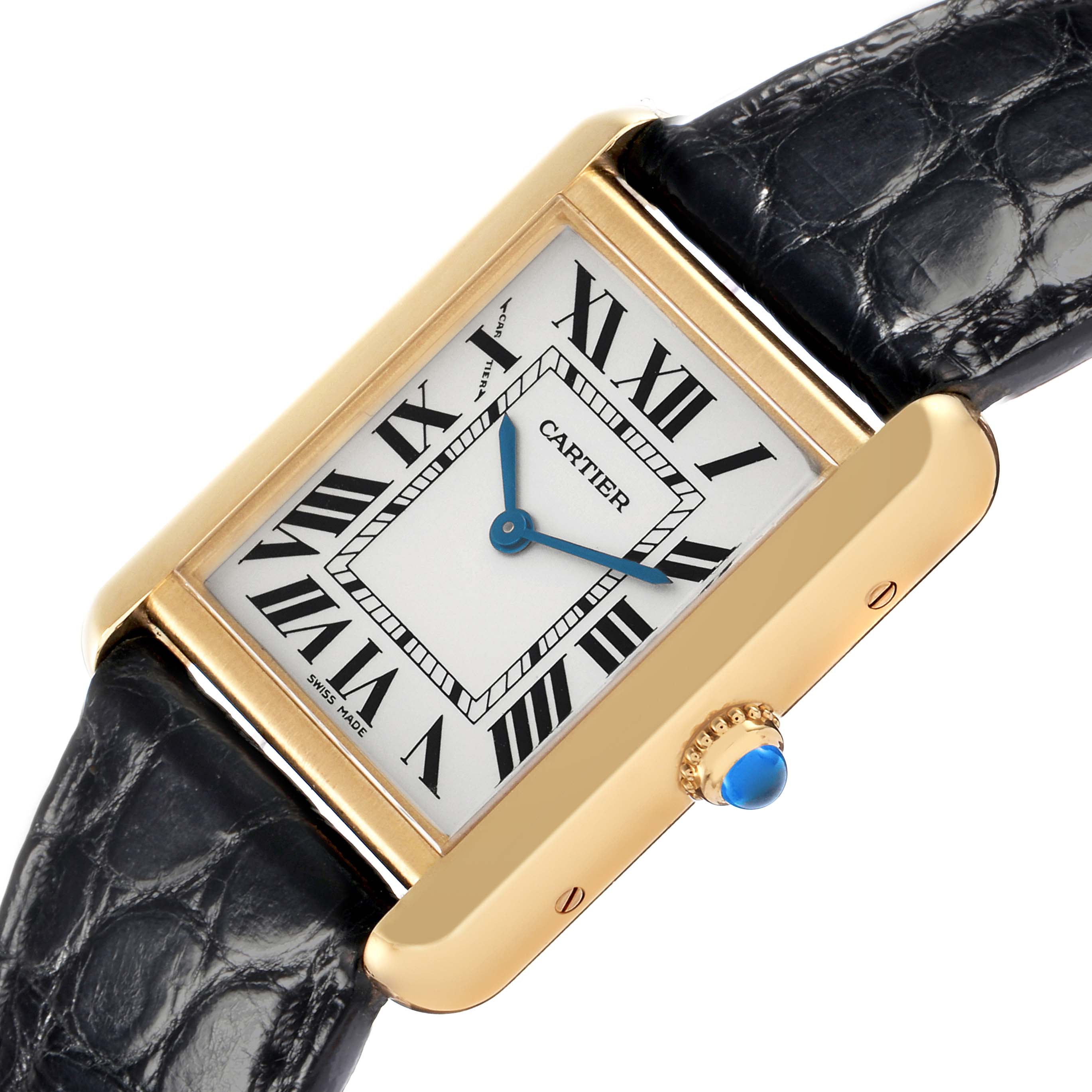 The Cartier Tank Solo model W1018755 watch is shown at an oblique angle, highlighting its rectangular face, Roman numerals, gold casing, and blue cabochon crown.