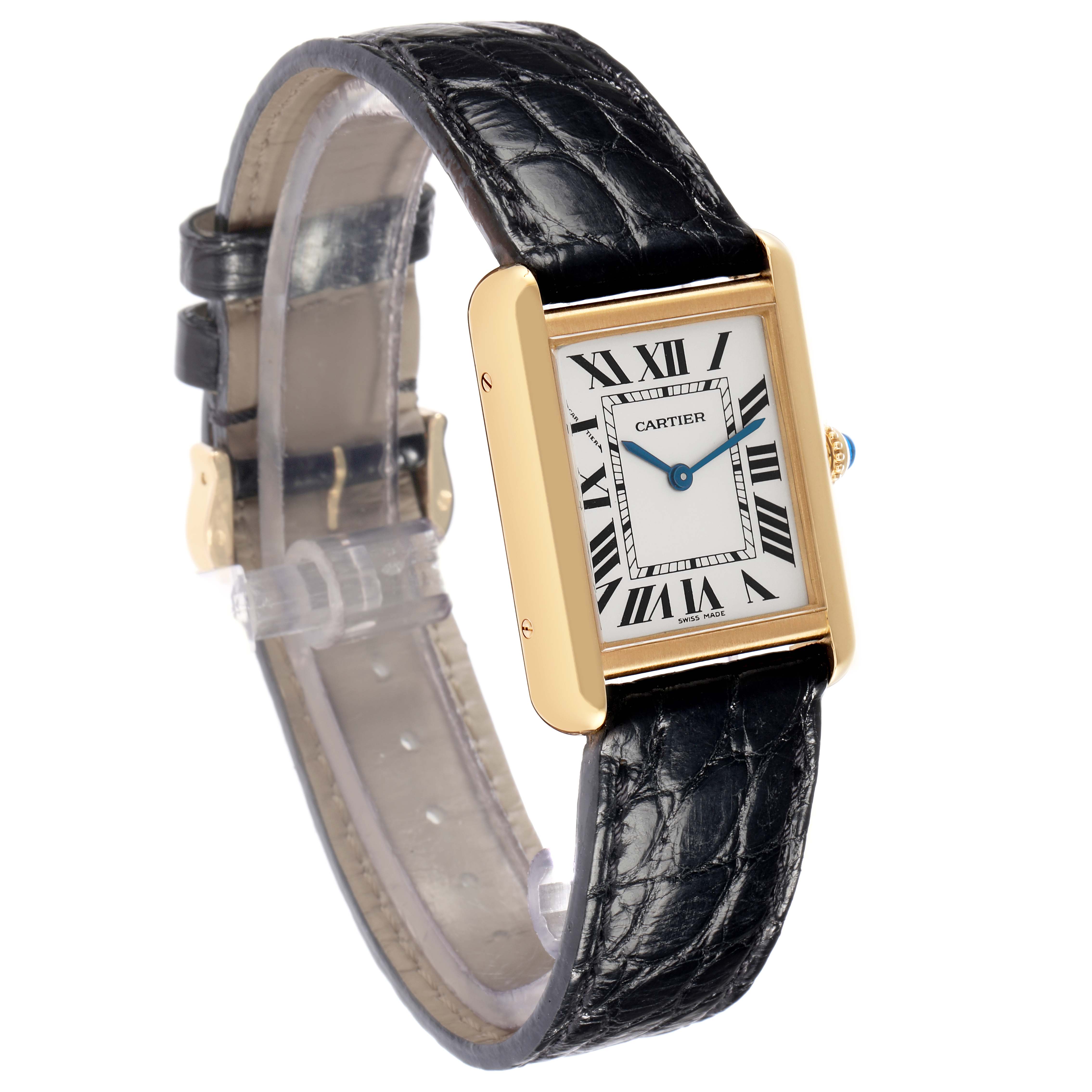 The Cartier Tank Solo watch model number W1018755 is shown at an angled view, displaying its rectangular gold case, white dial with Roman numerals, and black leather strap.