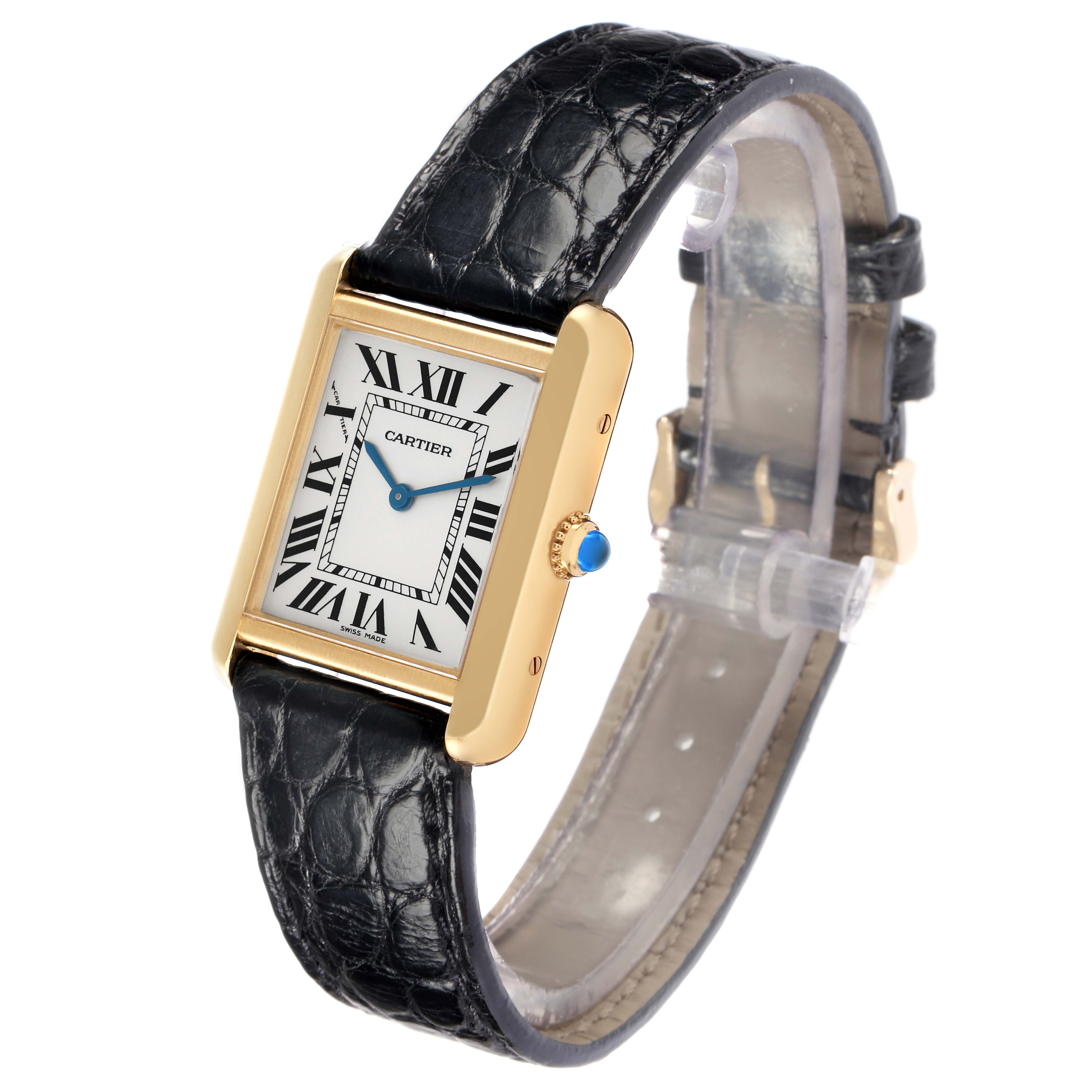 The Cartier Tank Solo model W1018755 is shown from an angled front view, displaying the face, case, and strap.