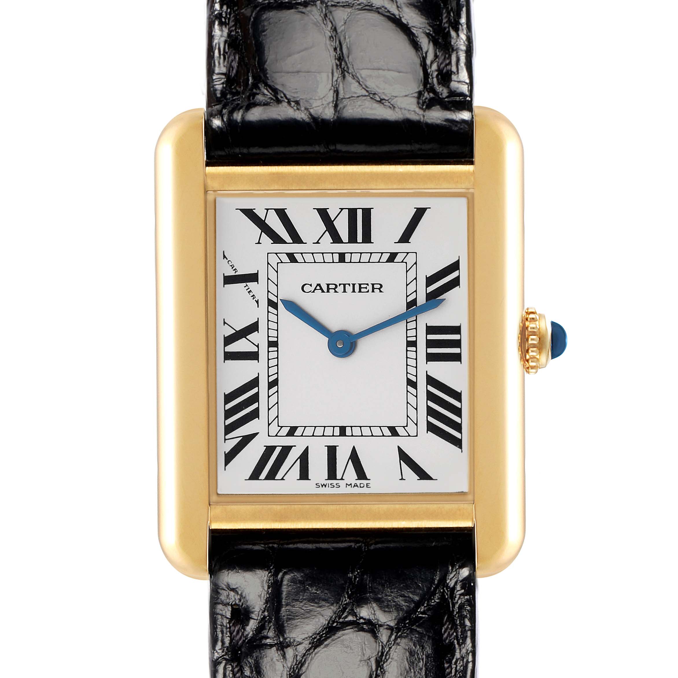 The image shows a Cartier Tank Solo model W1018755 watch from a front angle, highlighting the rectangular face, Roman numerals, and leather strap.