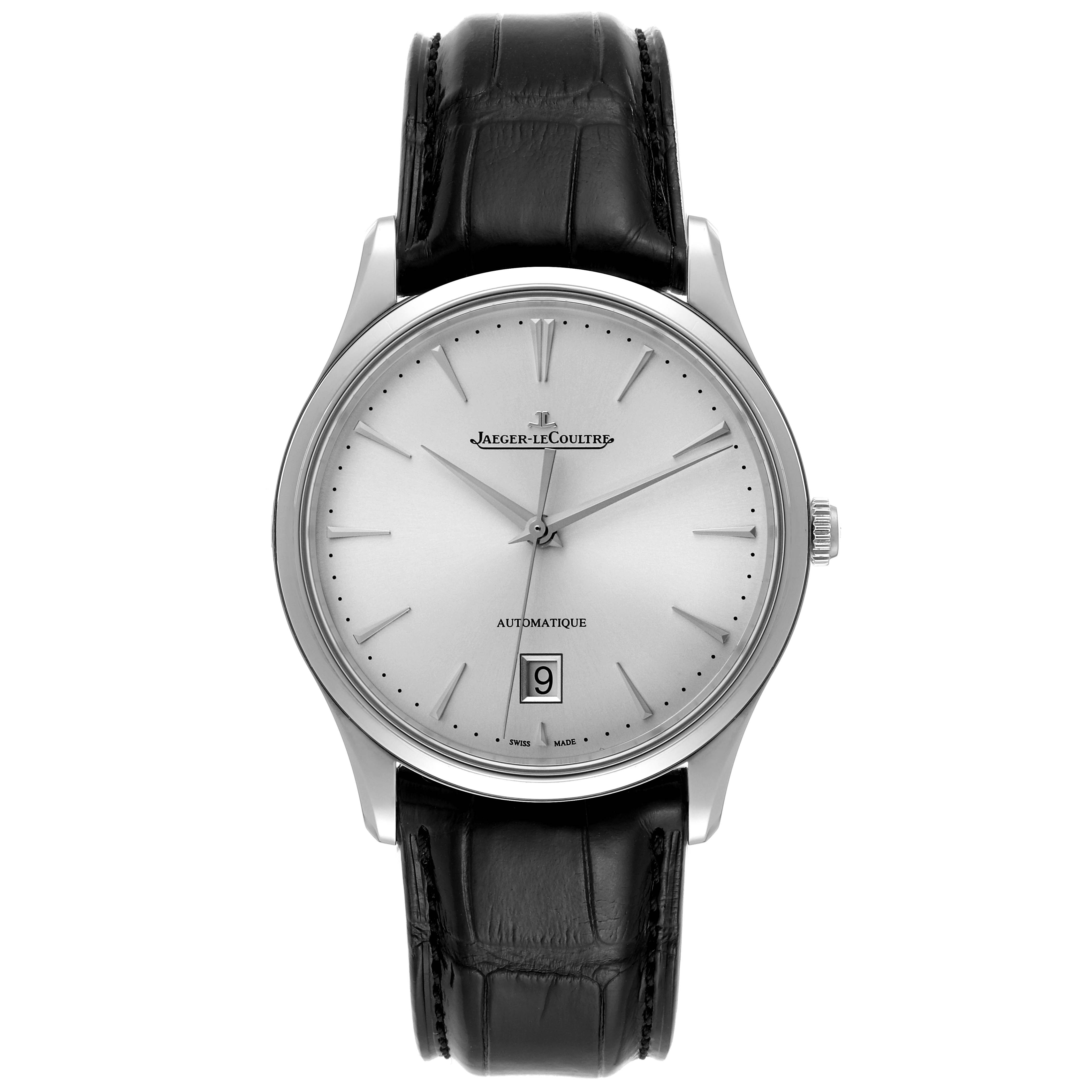 The Jaeger-LeCoultre Master model watch is shown from a front angle, highlighting the dial, hands, crown, and strap.