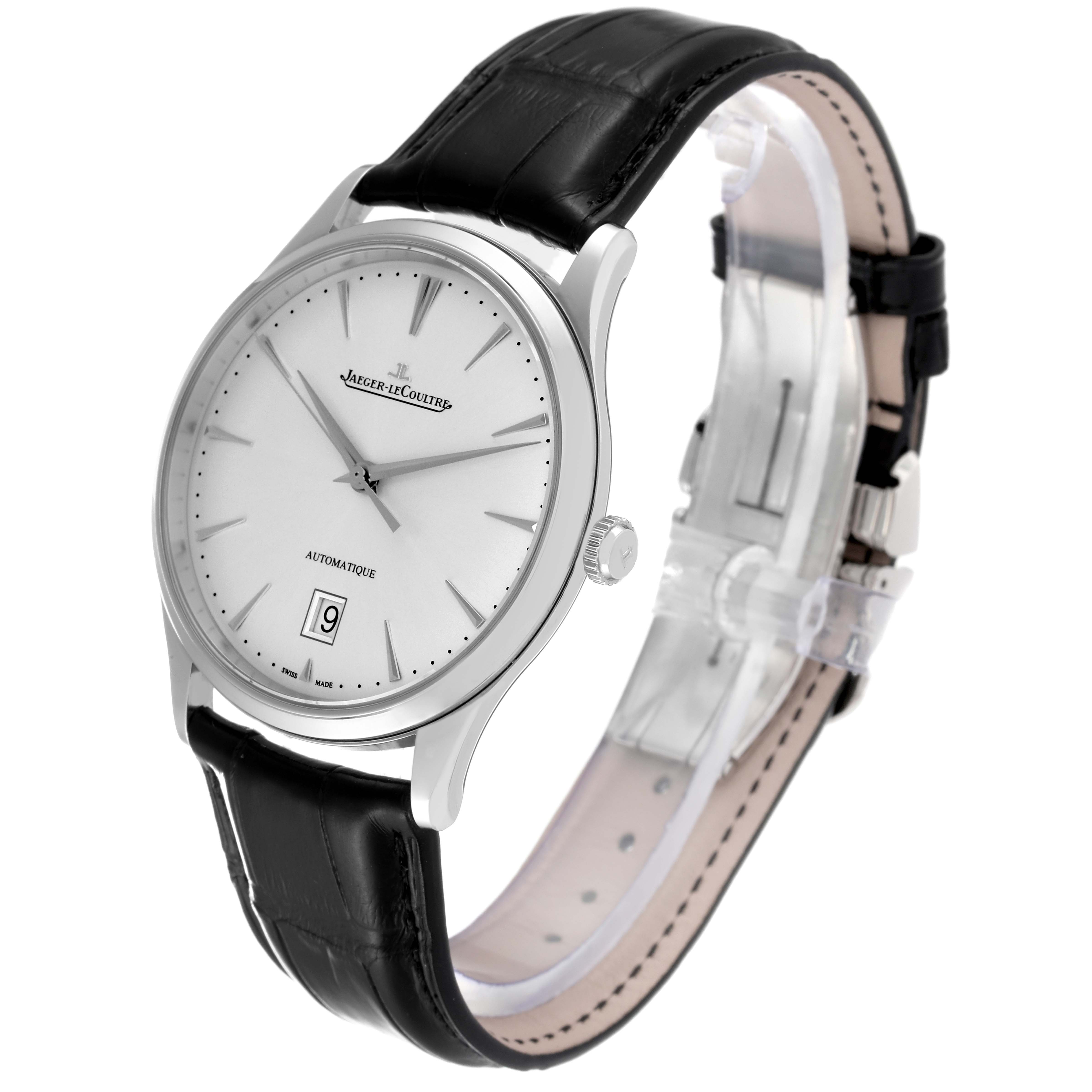 The watch shown is a Jaeger-LeCoultre Master model, displayed at a three-quarter angle, highlighting its face, crown, and black leather strap.