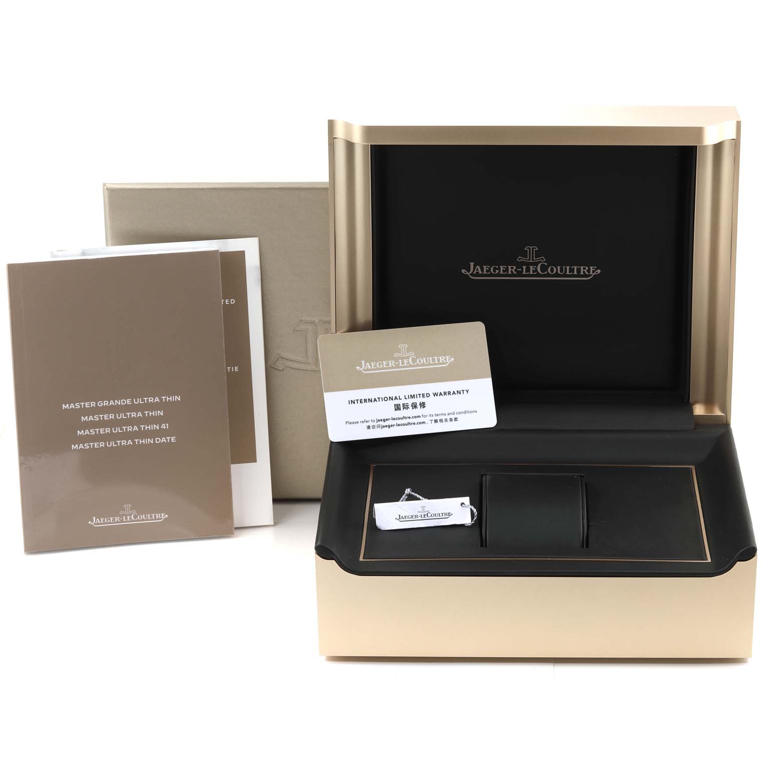The image shows packaging parts and accessories for a Jaeger LeCoultre Master Q1238420 Men's Stainless Steel Silver Dial Q1238420 Men's Stainless Steel Silver Dial watch, including the box, warranty card, and manuals.