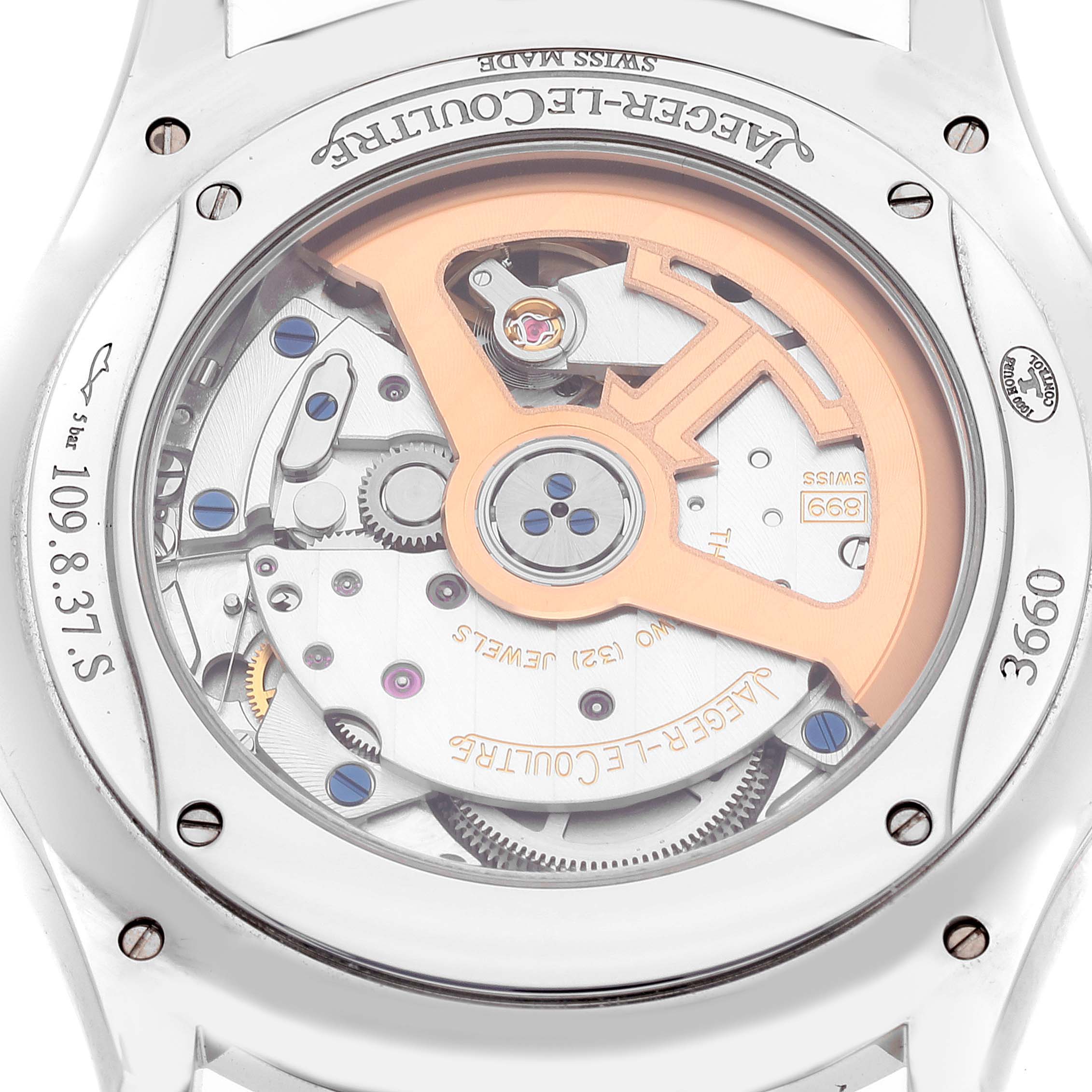 The image shows the back of a Jaeger-LeCoultre Master model watch, highlighting its intricate movement and components.
