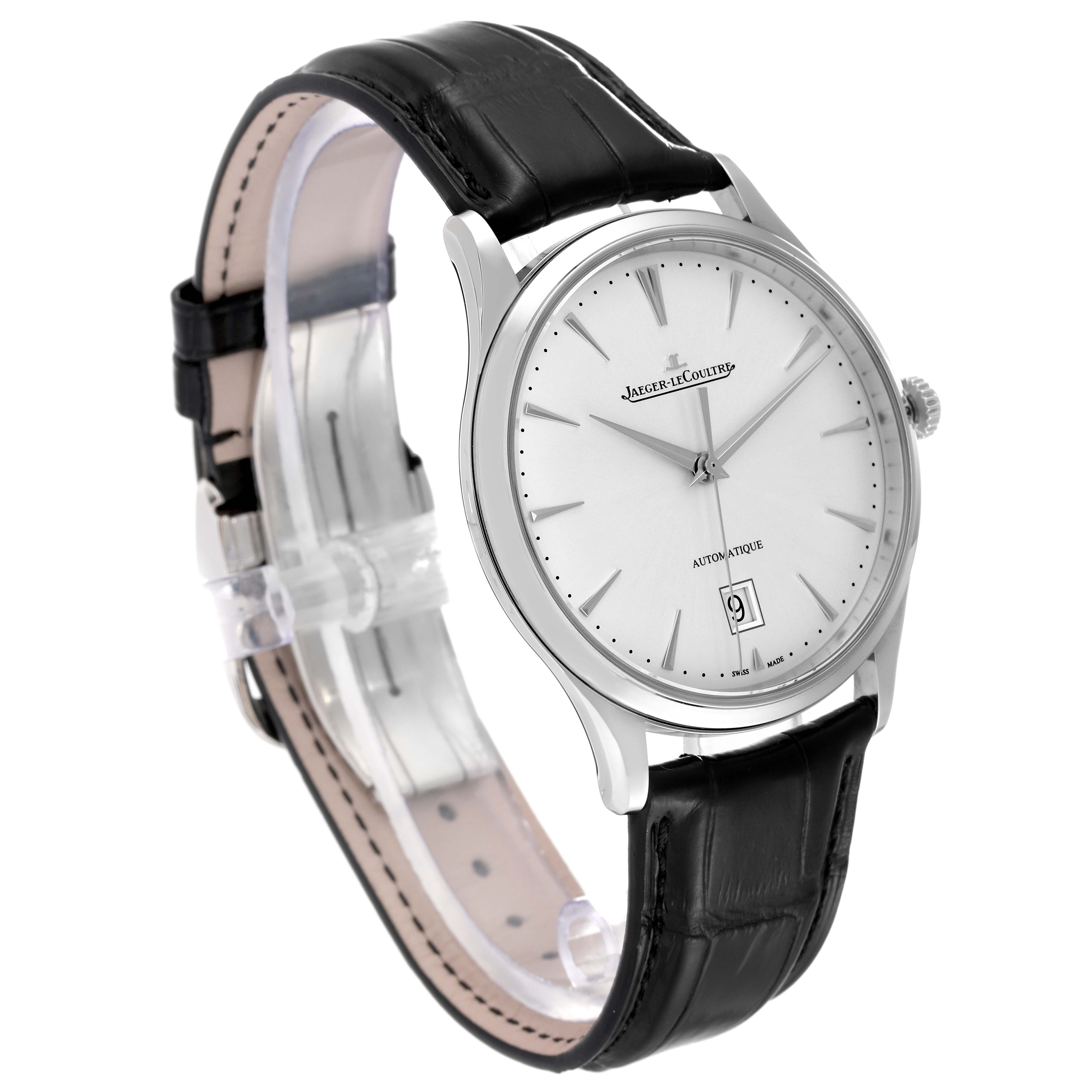 This image shows the Jaeger LeCoultre Master Q1238420 Men's Stainless Steel Silver Dial Q1238420 Men's Stainless Steel Silver Dial watch at a 3/4 angle, highlighting its face, dial, case, and black leather strap.