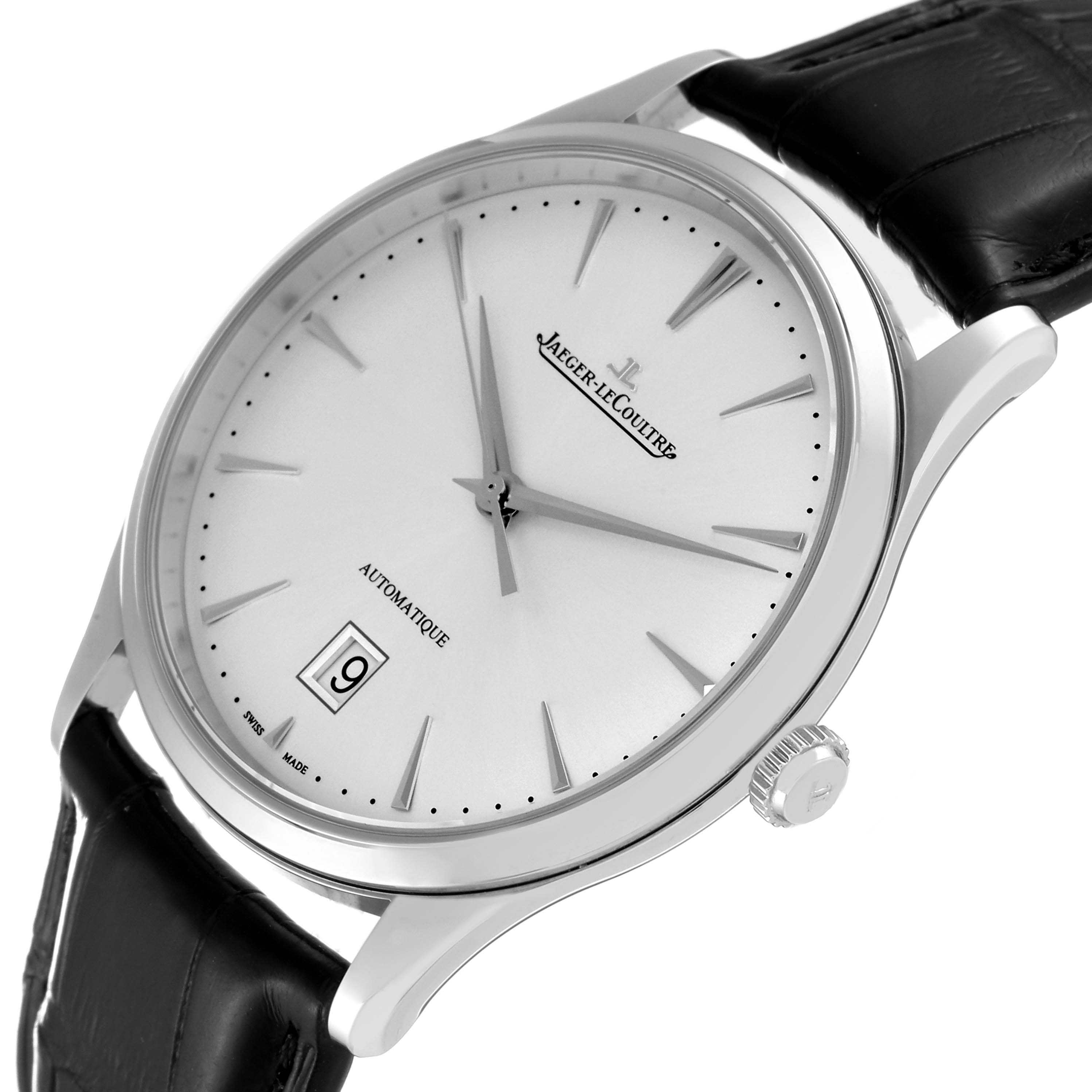 The image shows a Jaeger-LeCoultre Master model watch from an angled side view, highlighting the dial, crown, case, and leather strap.