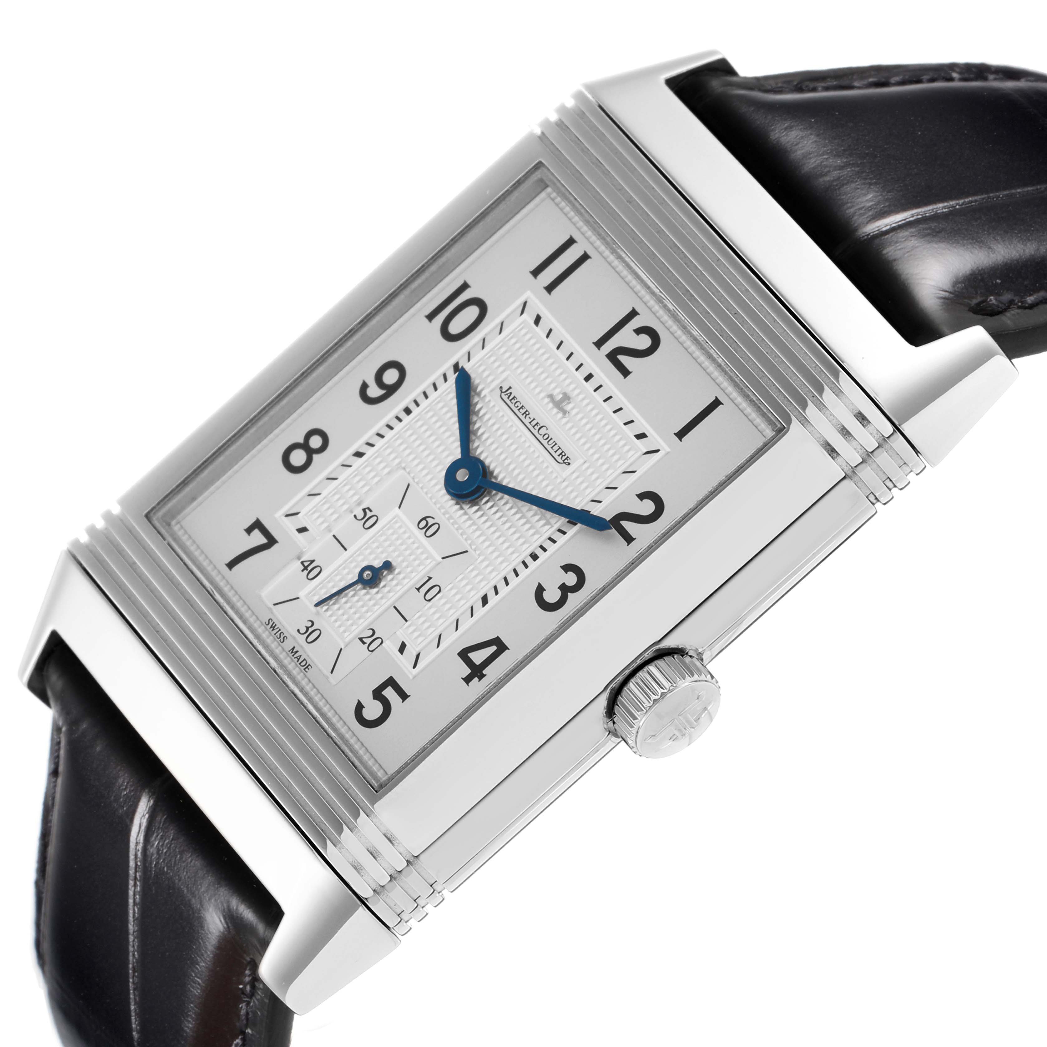 The Jaeger-LeCoultre Reverso Q3738420 men's watch is shown from a slight side angle, highlighting the face, numerals, crown, and part of the leather strap.