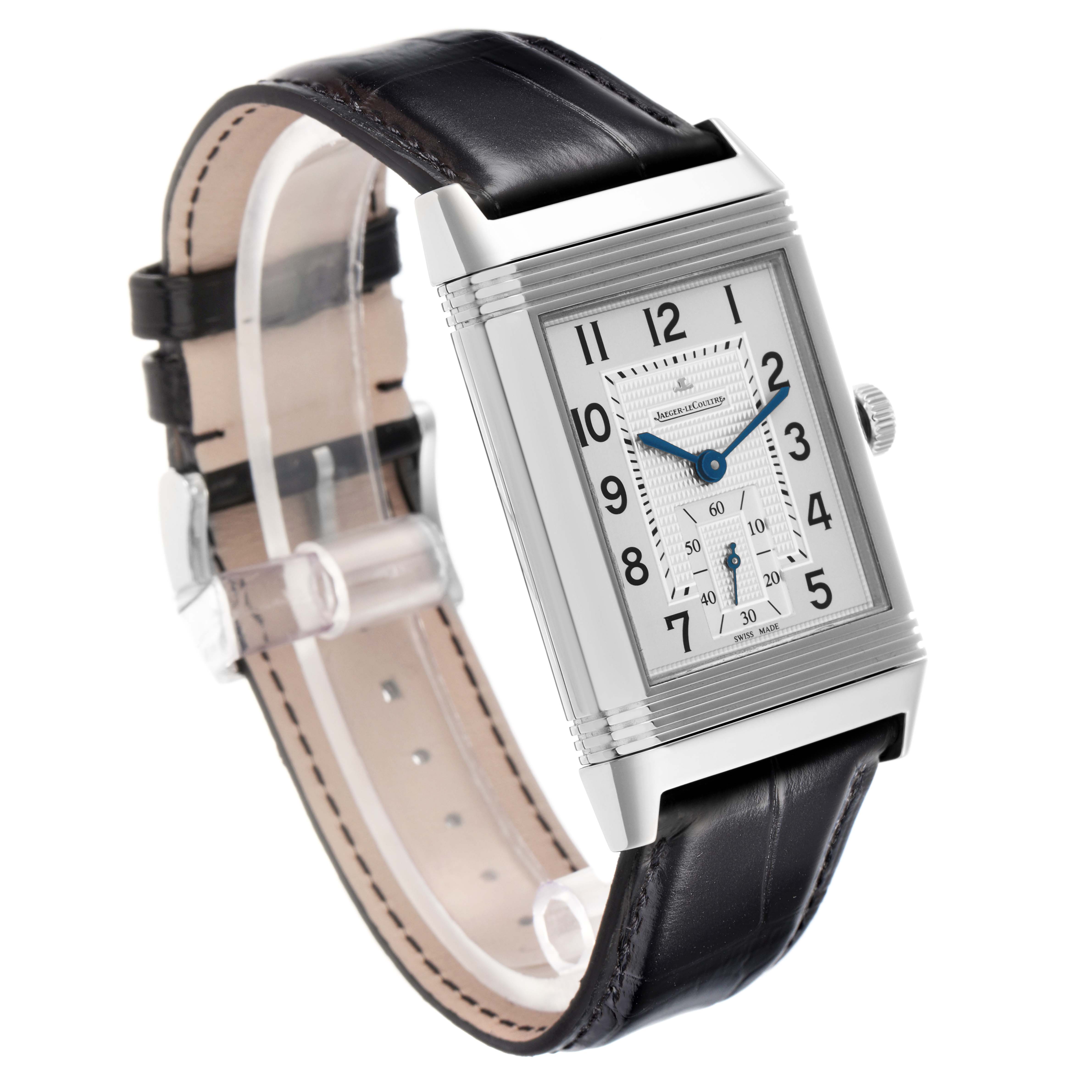 The Jaeger LeCoultre Reverso model Q3738420 is shown at a slight angle, highlighting the rectangular face, blue hands, and leather strap.