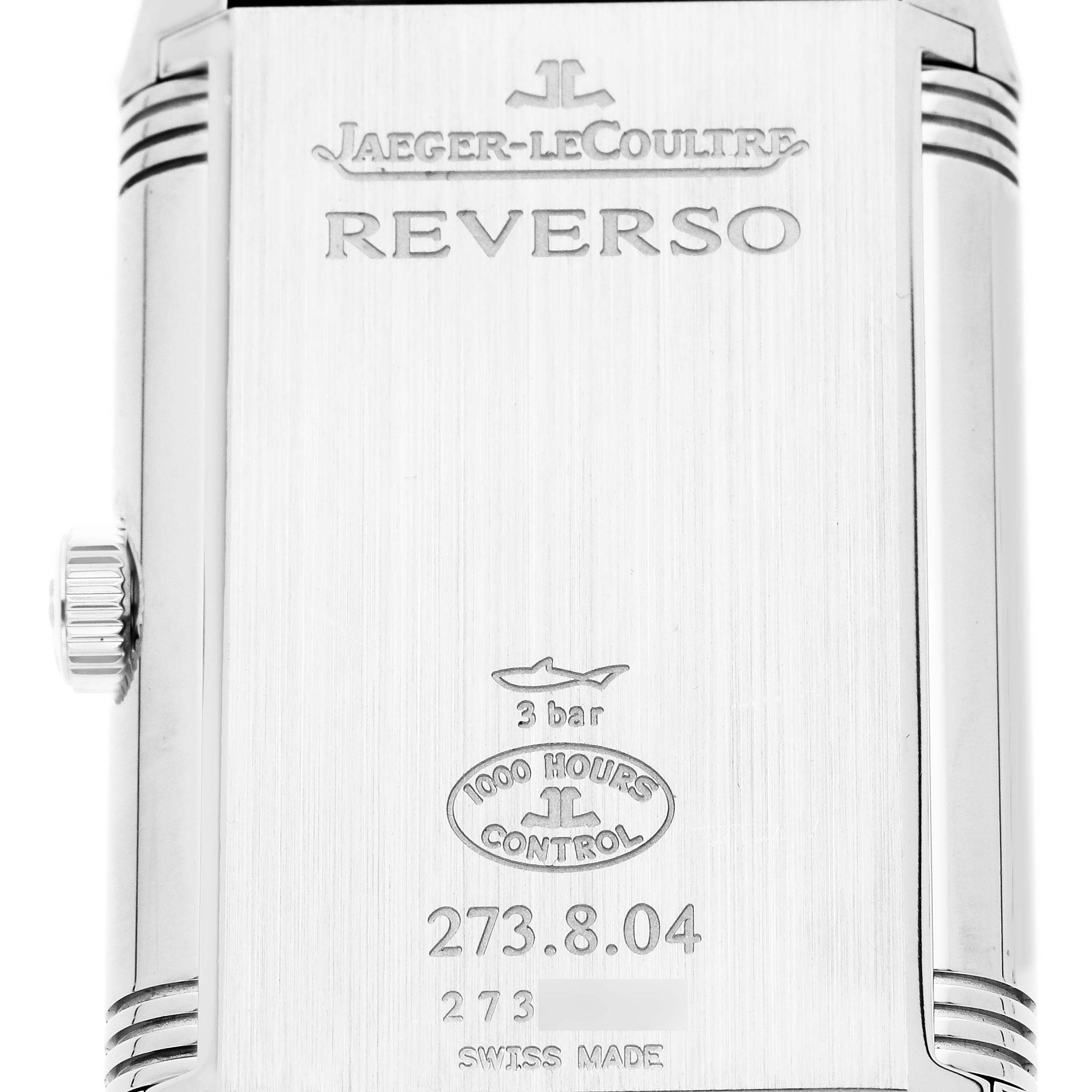 The image shows the back case of the Jaeger-LeCoultre Reverso model number Q3738420, highlighting the engravings and side view of the crown.