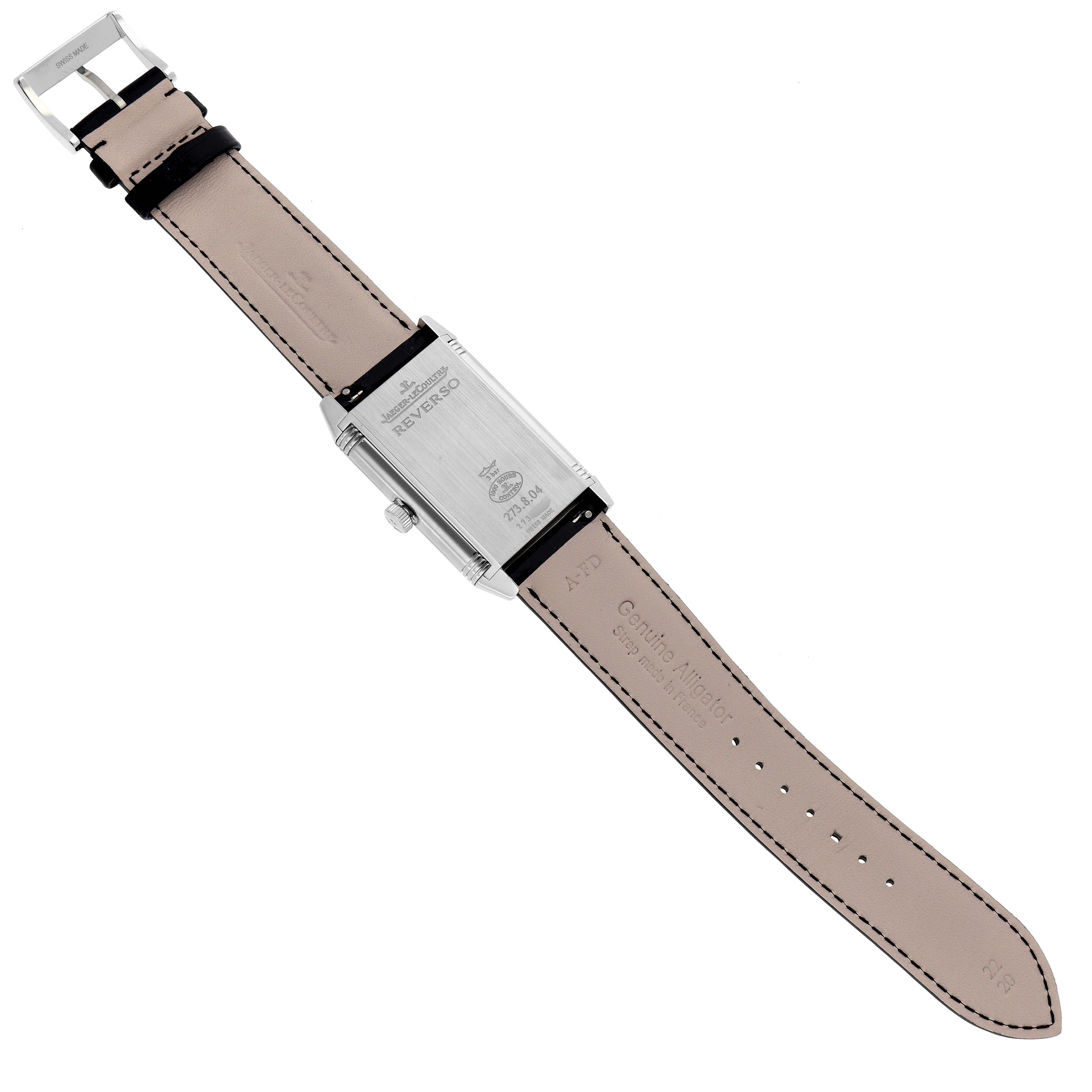 The image shows the back view of the Jaeger LeCoultre Reverso Q3738420 men's watch, highlighting the case back, crown, and leather strap with a deployant buckle.