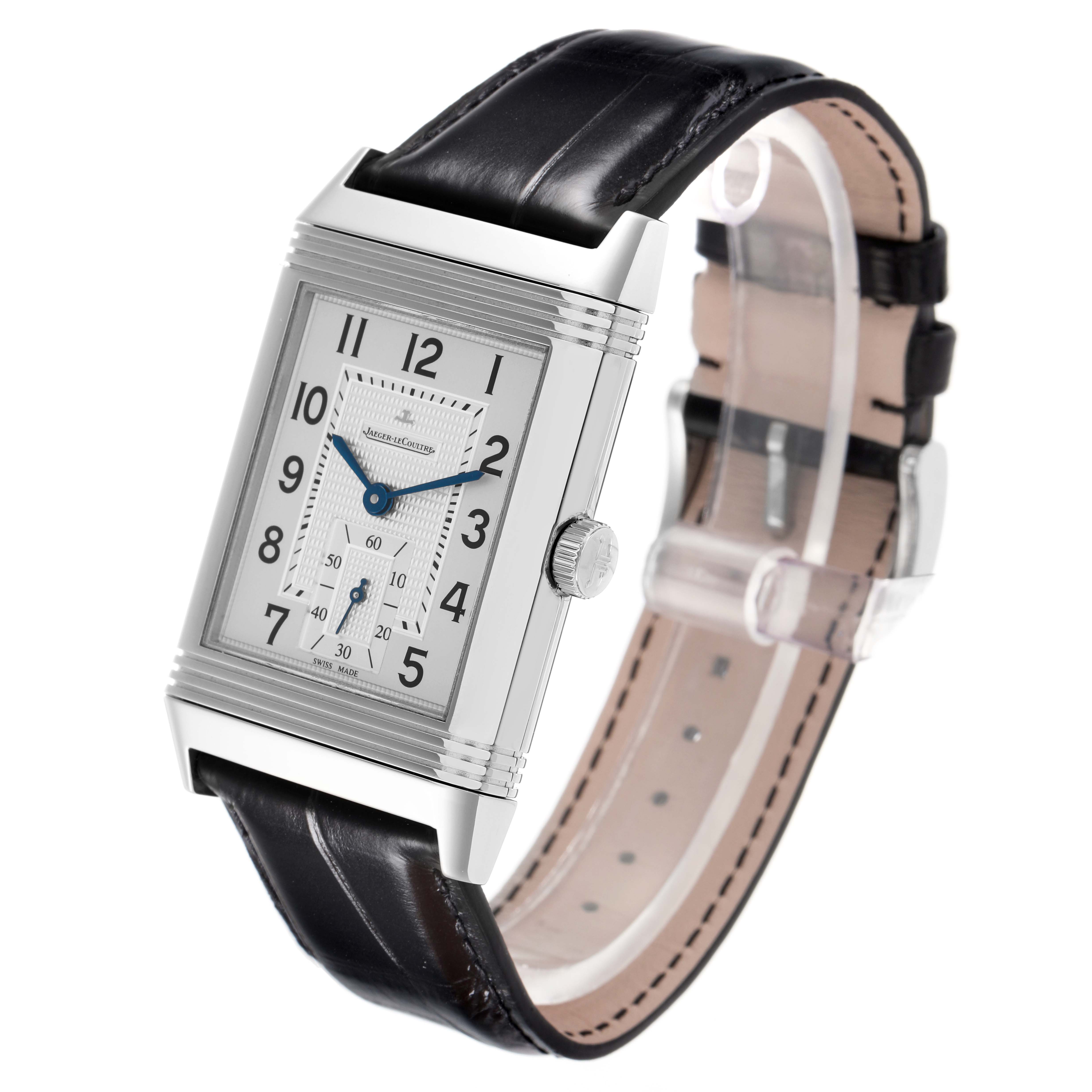 The image shows a Jaeger LeCoultre Reverso Q3738420 men's watch at an angled view, highlighting the rectangular face, leather strap, and side crown.
