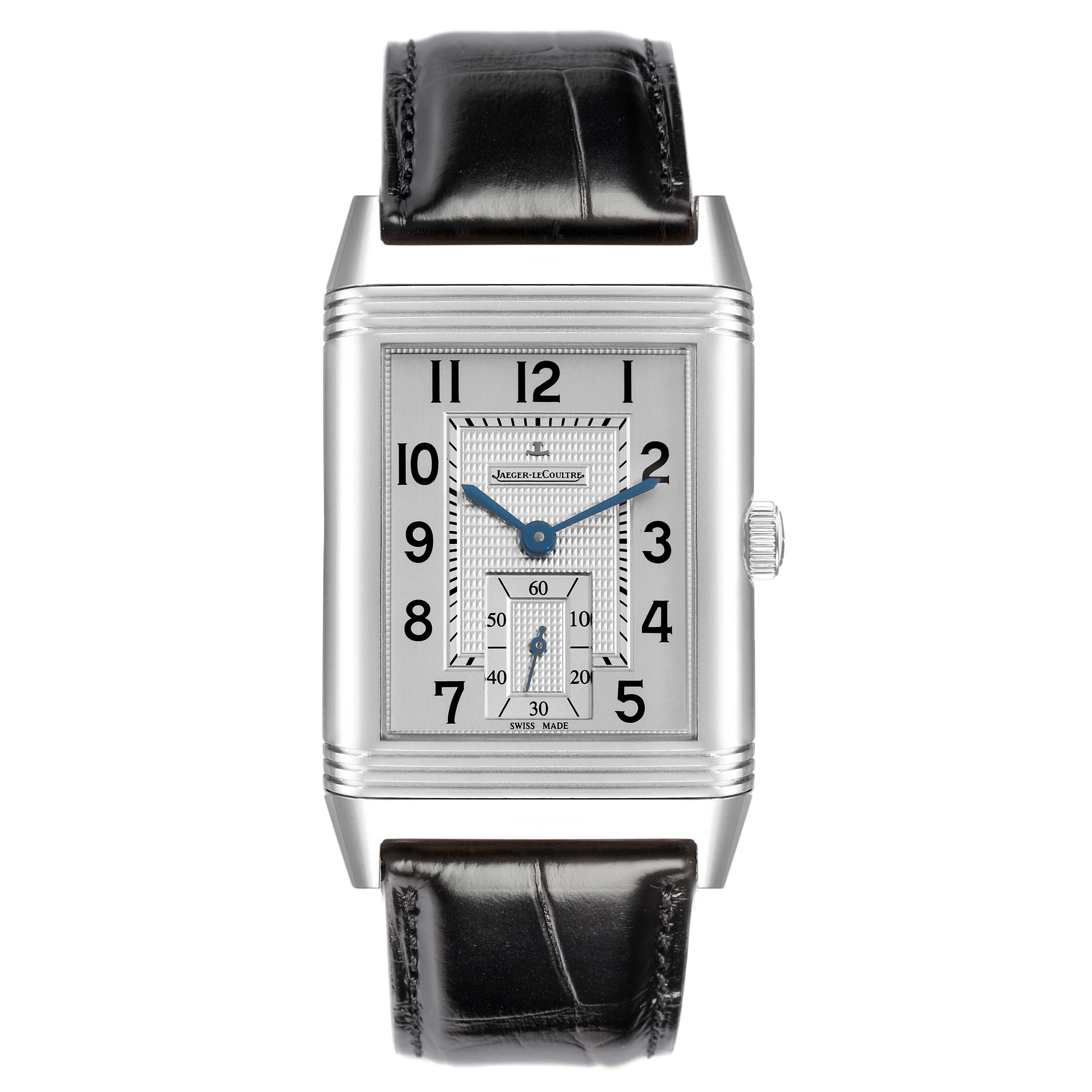 The Jaeger-LeCoultre Reverso Q3738420 men's watch is shown from the front, displaying its rectangular dial and leather strap.
