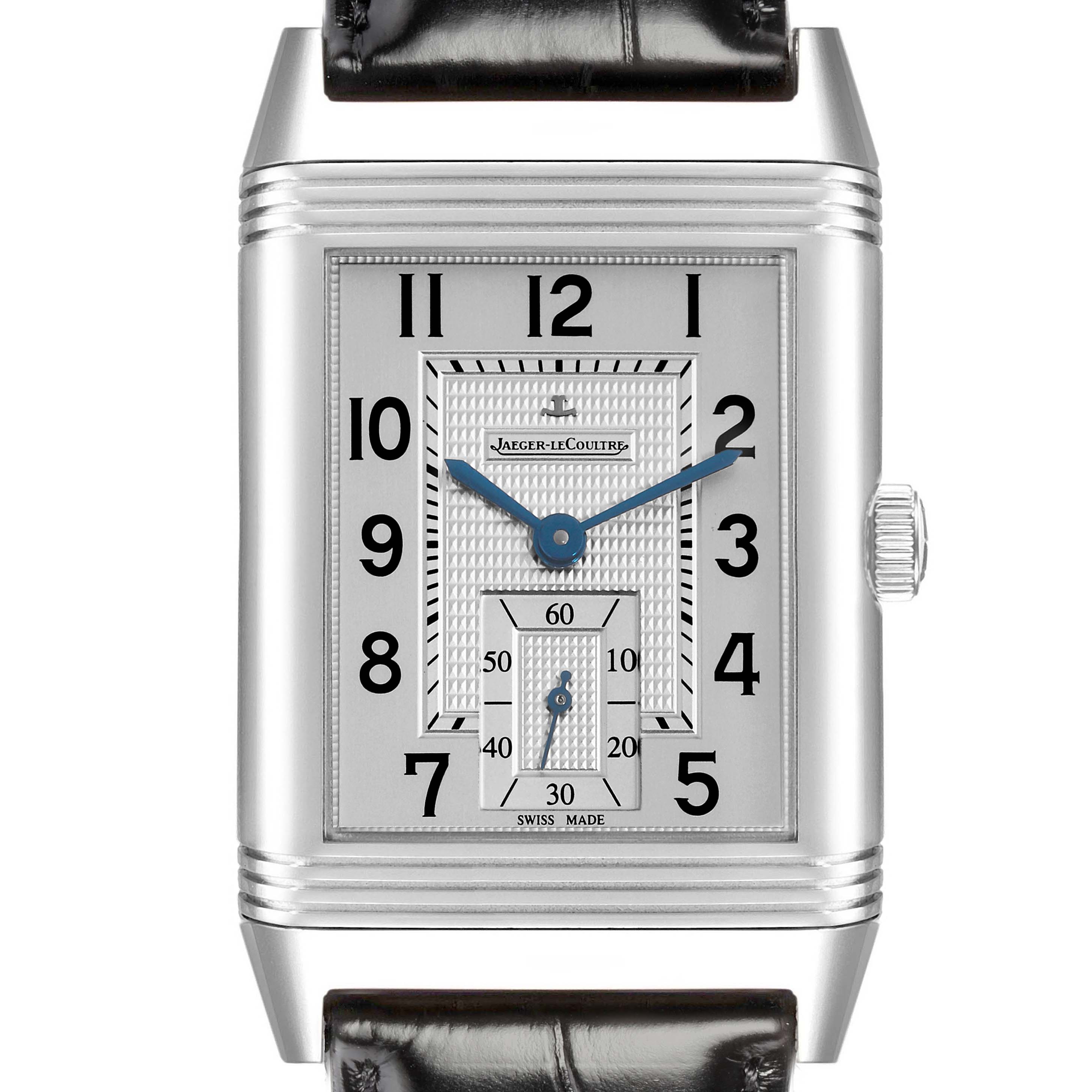 The image shows a front view of the Jaeger-LeCoultre Reverso model Q3738420, displaying the watch face, numerals, and part of the leather strap.