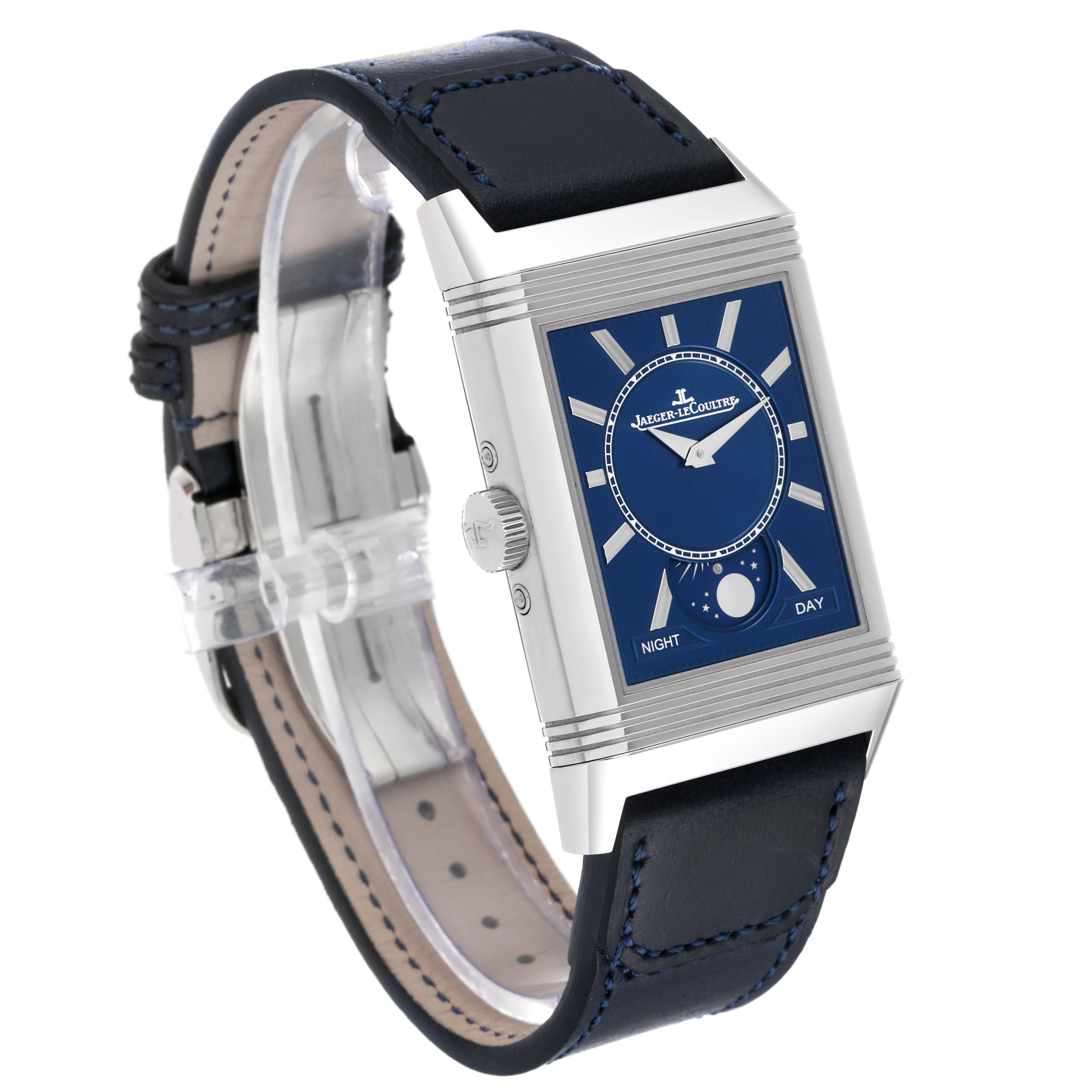 The image shows a Jaeger LeCoultre Reverso Q3918420 Men's Stainless Steel Blue Dial Q3918420 Men's Stainless Steel Blue Dial watch from an angled side view, highlighting its blue dial, case, and leather strap.