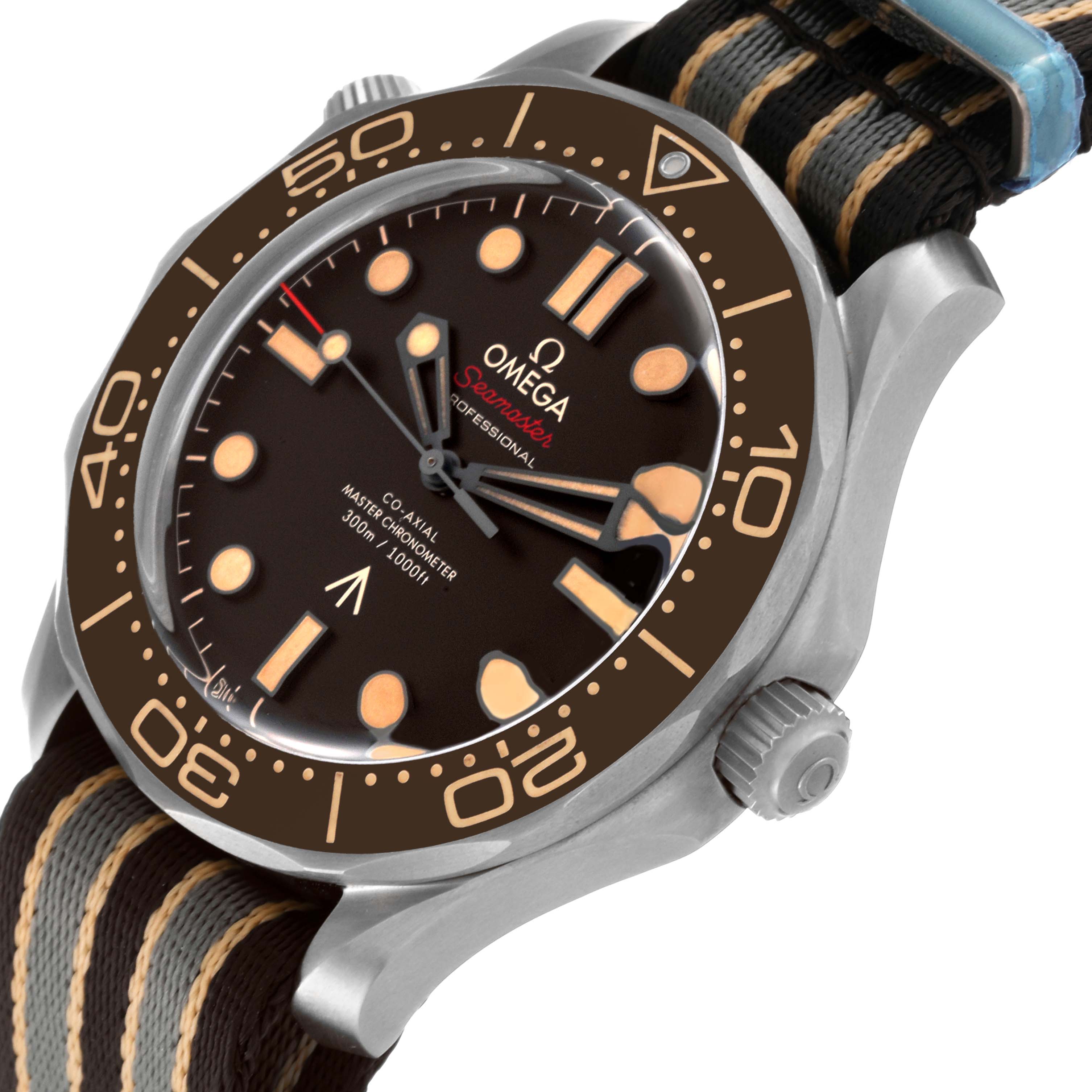 The image shows an angled view of the Omega Seamaster 210.92.42.20.01.001 Men's Titanium Brown Dial 210.92.42.20.01.001 Men's Titanium Brown Dial watch, highlighting its dial, bezel, crown, and NATO strap.