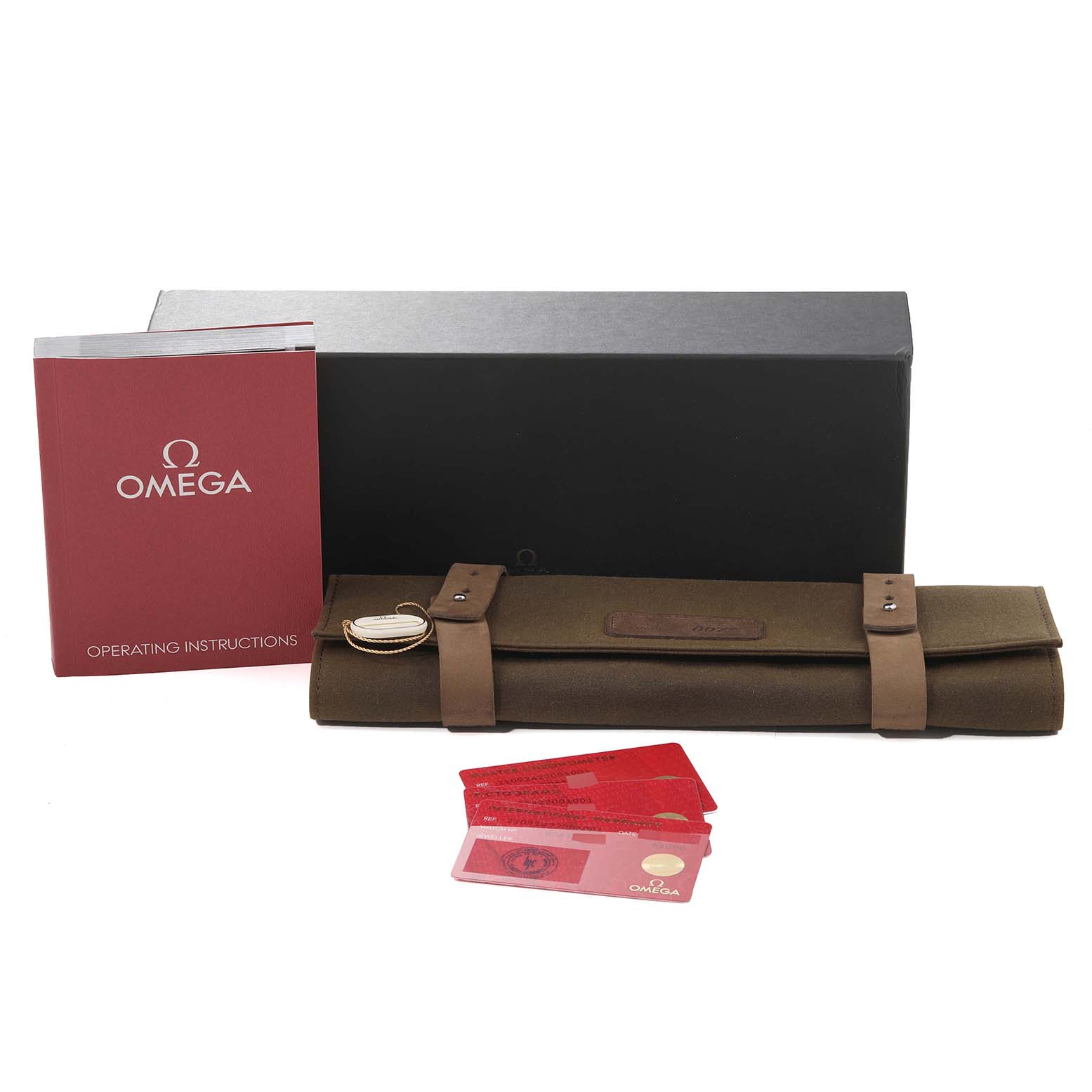 The image shows a boxed set of an Omega Seamaster 210.92.42.20.01.001 Men's Titanium Brown Dial 210.92.42.20.01.001 Men's Titanium Brown Dial watch, including operating instructions, a pouch, and cards.