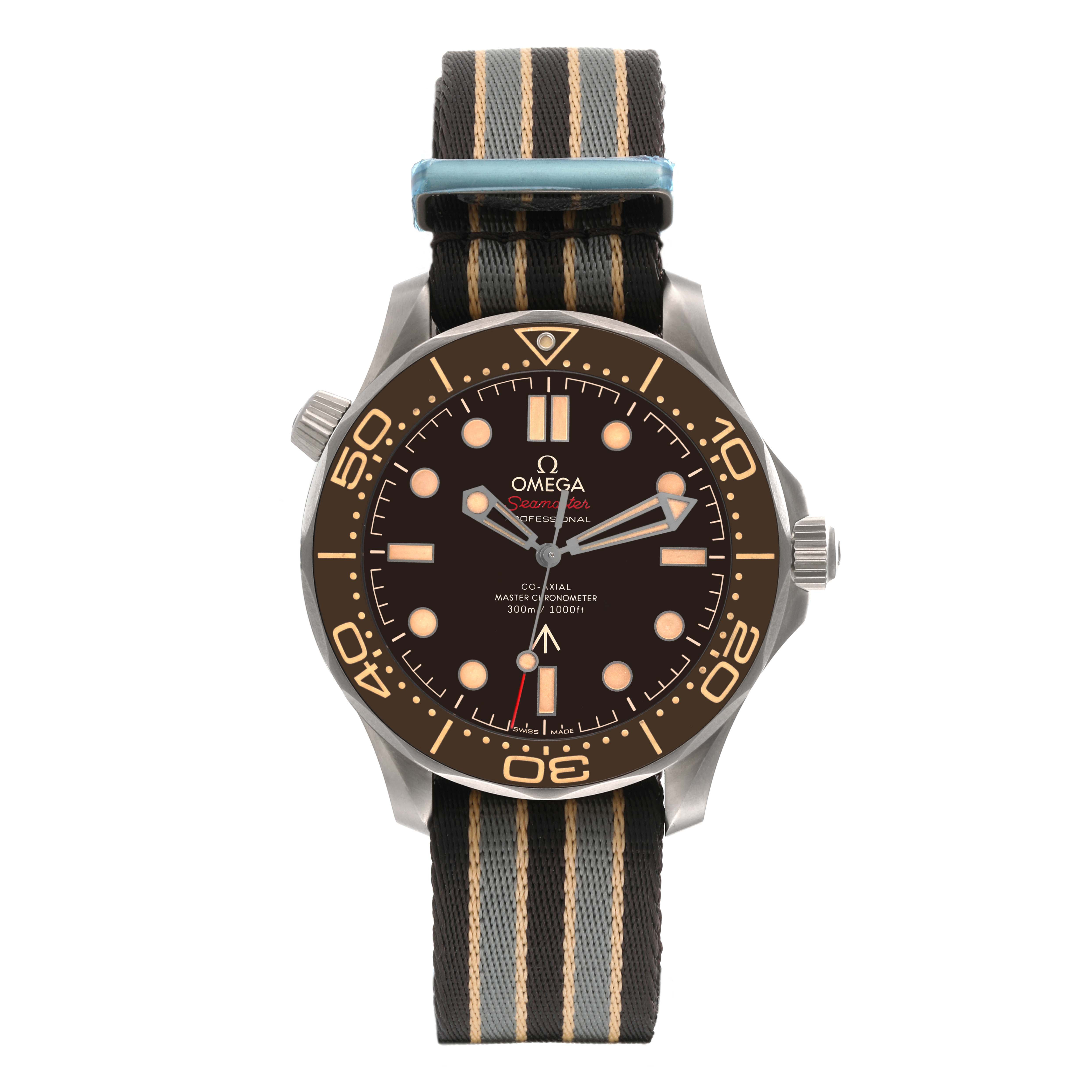 This image shows a front view of the Omega Seamaster 210.92.42.20.01.001 Men's Titanium Brown Dial 210.92.42.20.01.001 Men's Titanium Brown Dial watch with its face, bezel, crown, and striped fabric strap visible.