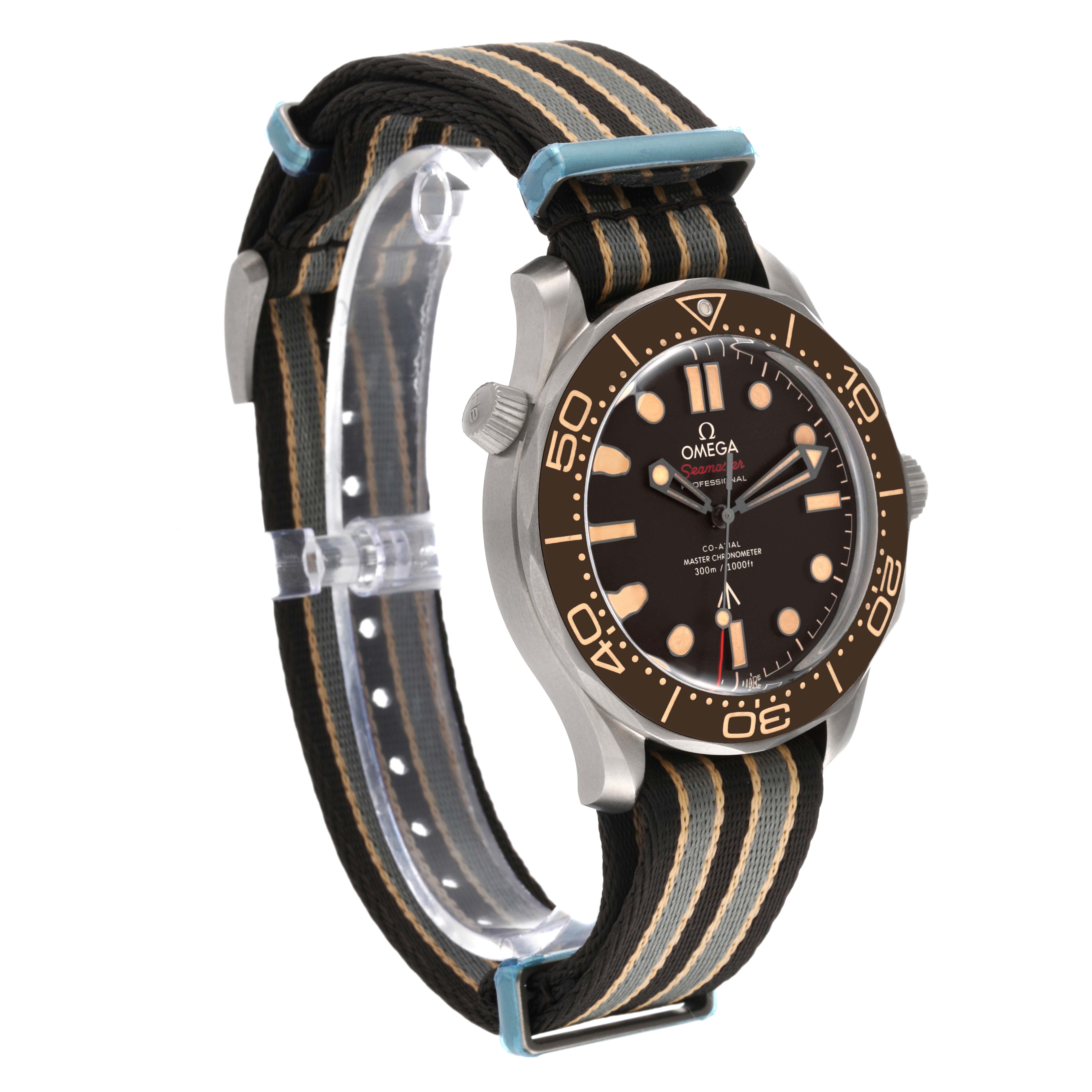 The Omega Seamaster 210.92.42.20.01.001 Men's Titanium Brown Dial 210.92.42.20.01.001 Men's Titanium Brown Dial watch is shown at a three-quarter angle, featuring the dial, bezel, and nylon strap.