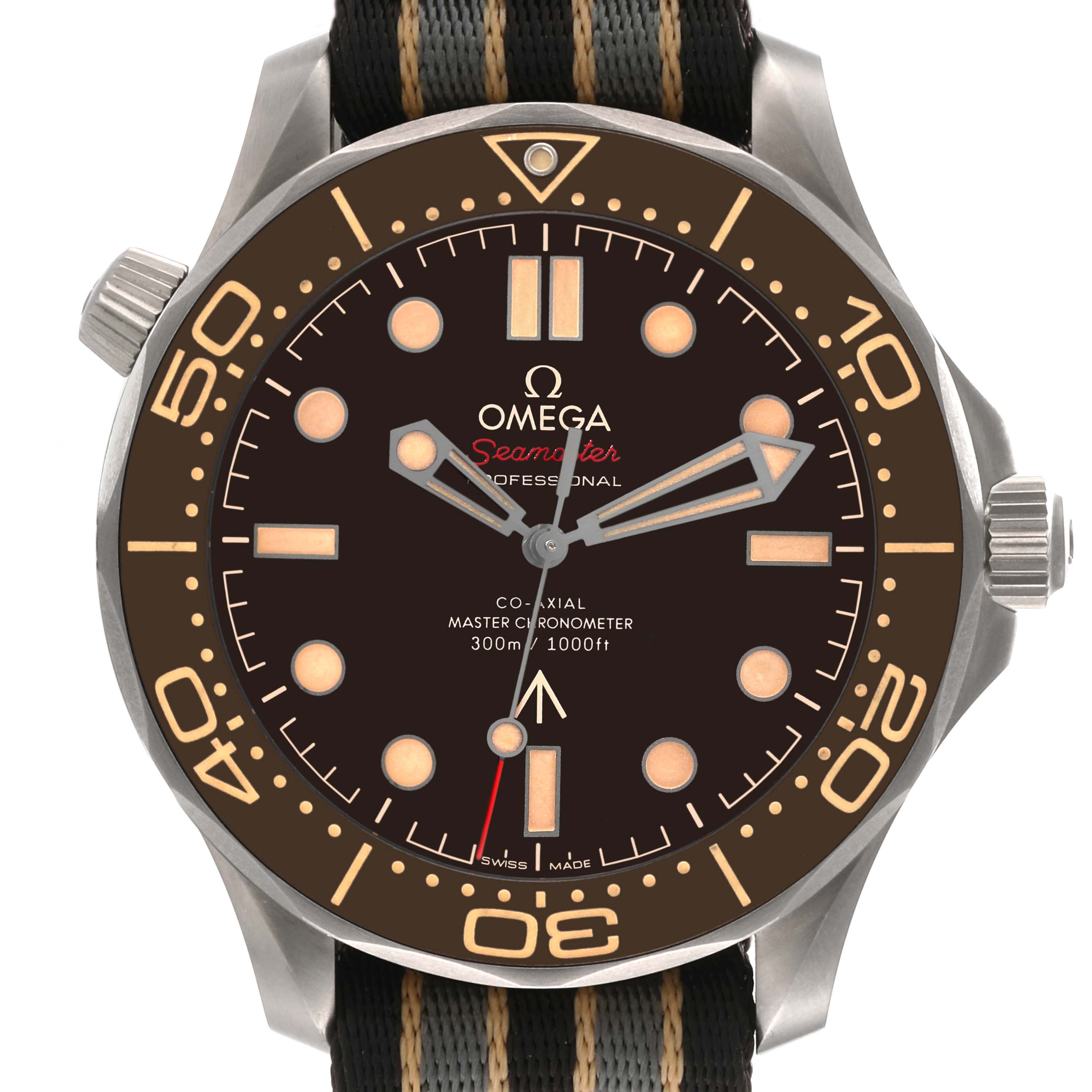 This is a front view of the Omega Seamaster 210.92.42.20.01.001 Men's Titanium Brown Dial 210.92.42.20.01.001 Men's Titanium Brown Dial watch, showing the dial, bezel, crown, hands, and part of the strap.