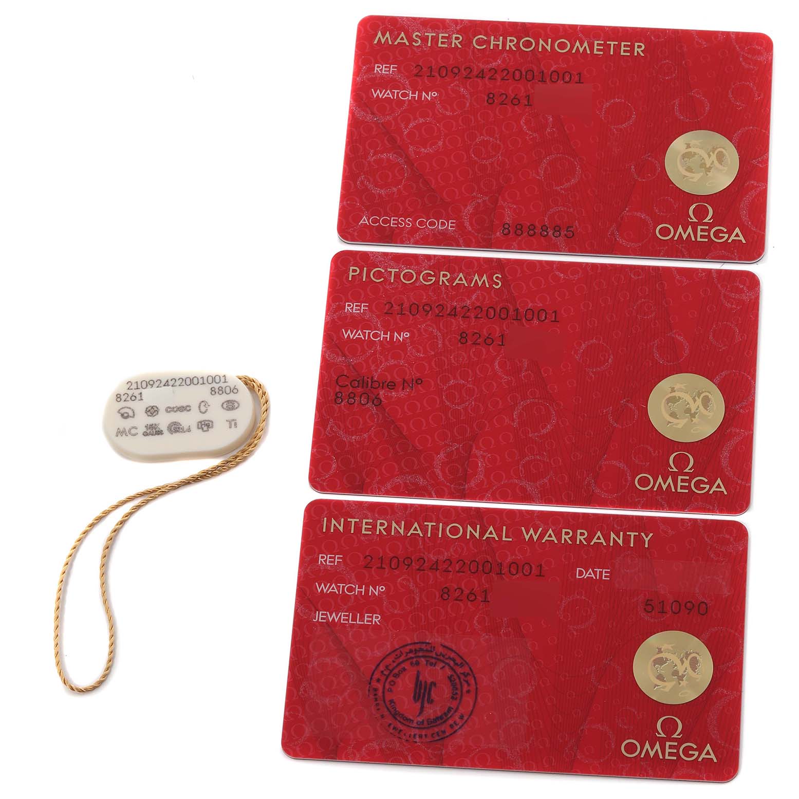 This image shows three Omega Seamaster 210.92.42.20.01.001 Men's Titanium Brown Dial 210.92.42.20.01.001 Men's Titanium Brown Dial cards including Master Chronometer, Pictograms, and International Warranty, along with a hang tag.