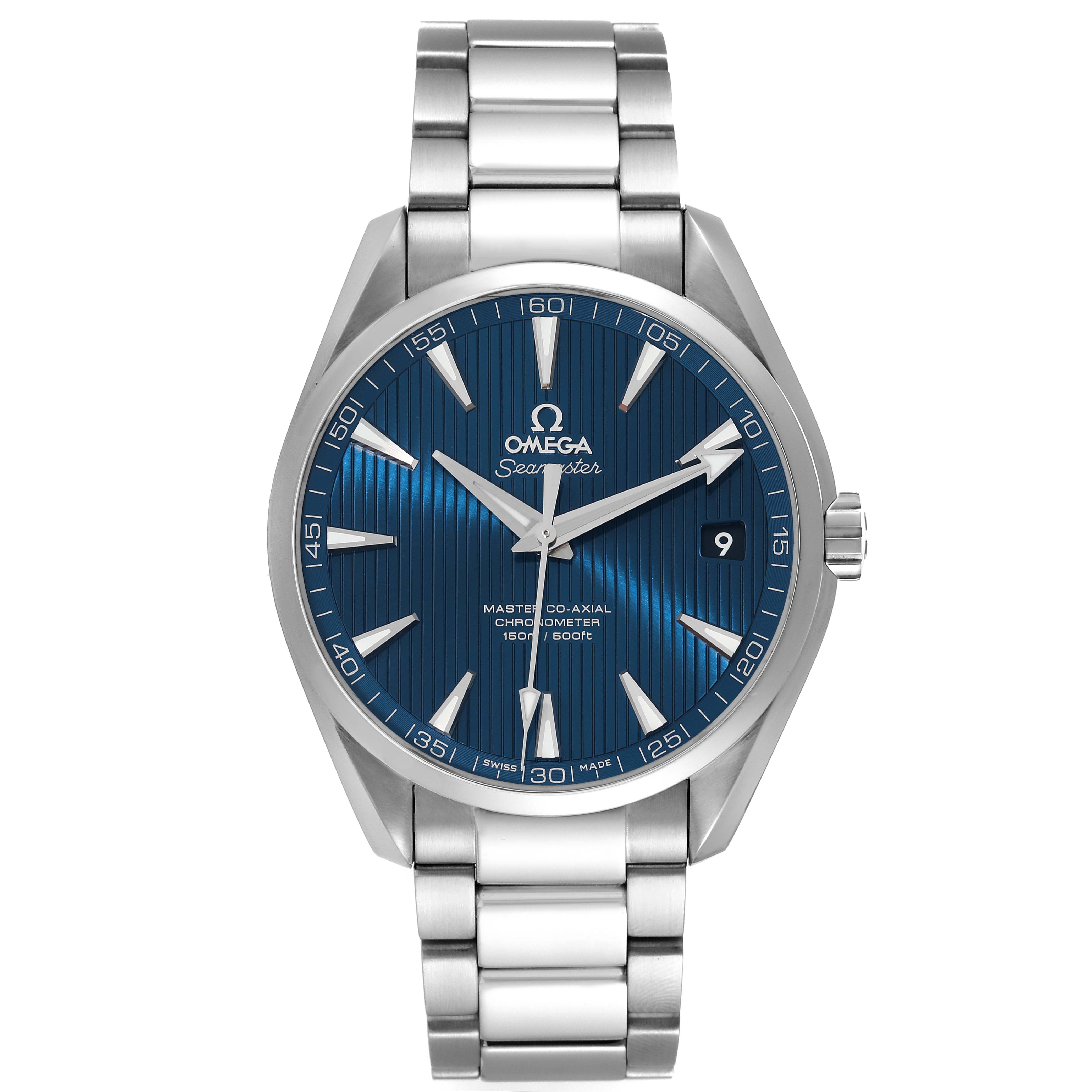 The image shows a frontal view of the Omega Aqua Terra 231.10.42.21.03.003 Men
s Stainless Steel Blue Dial 231.10.42.21.03.003 Men
s Stainless Steel Blue Dial watch, including the dial, hands, bezel, and stainless steel bracelet.