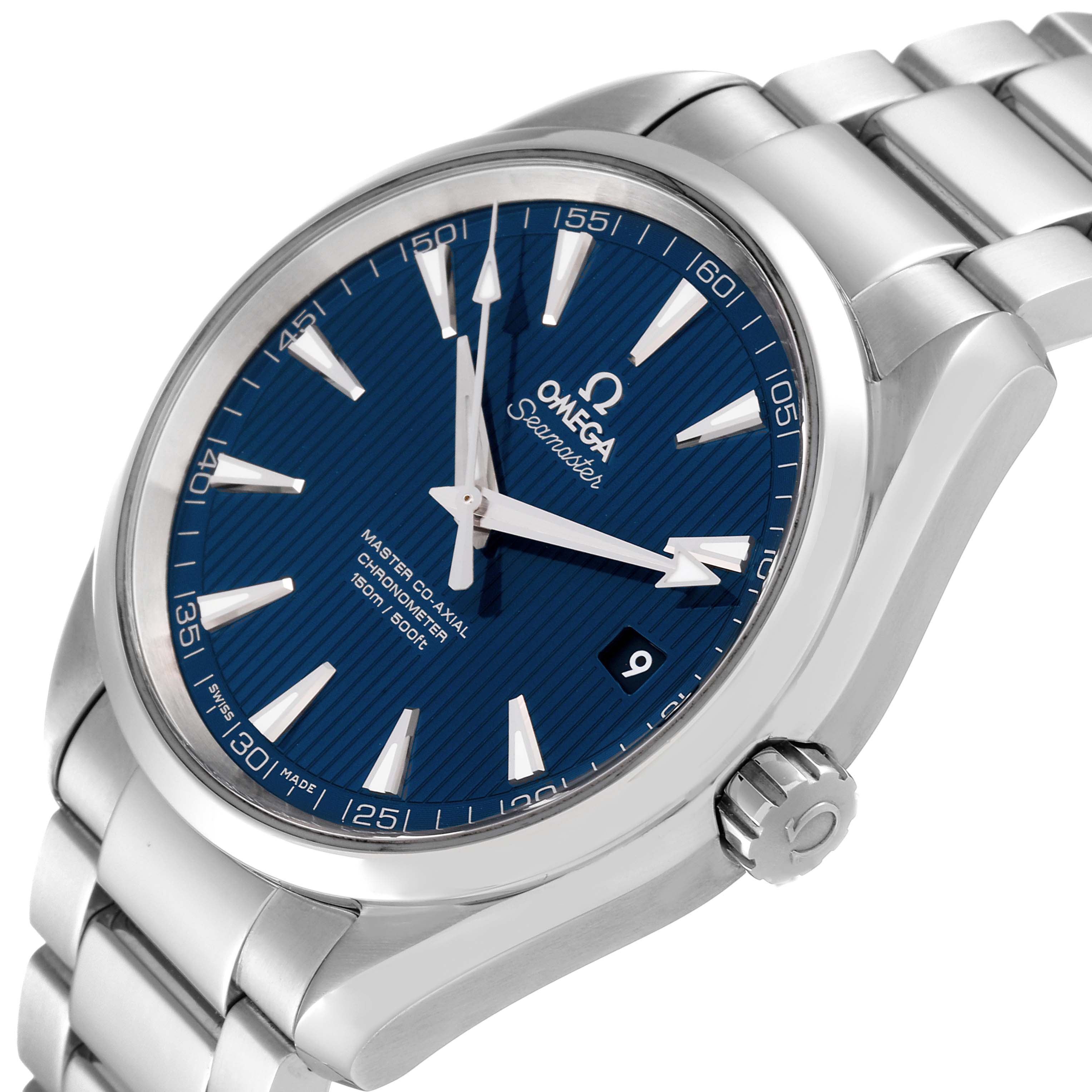 The image shows an angled view of the Omega Aqua Terra 231.10.42.21.03.003 Men
s Stainless Steel Blue Dial 231.10.42.21.03.003 Men
s Stainless Steel Blue Dial watch, highlighting the blue dial, hands, crown, and stainless steel bracelet.