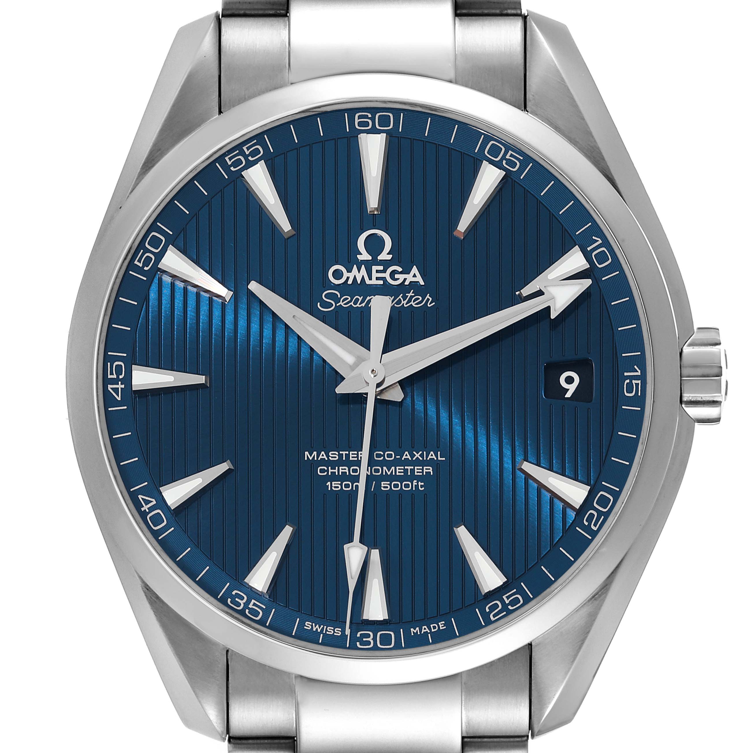 The image shows a front view of the Omega Aqua Terra 231.10.42.21.03.003 Men
s Stainless Steel Blue Dial 231.10.42.21.03.003 Men
s Stainless Steel Blue Dial watch, highlighting its blue dial, hour markers, hands, and date window.