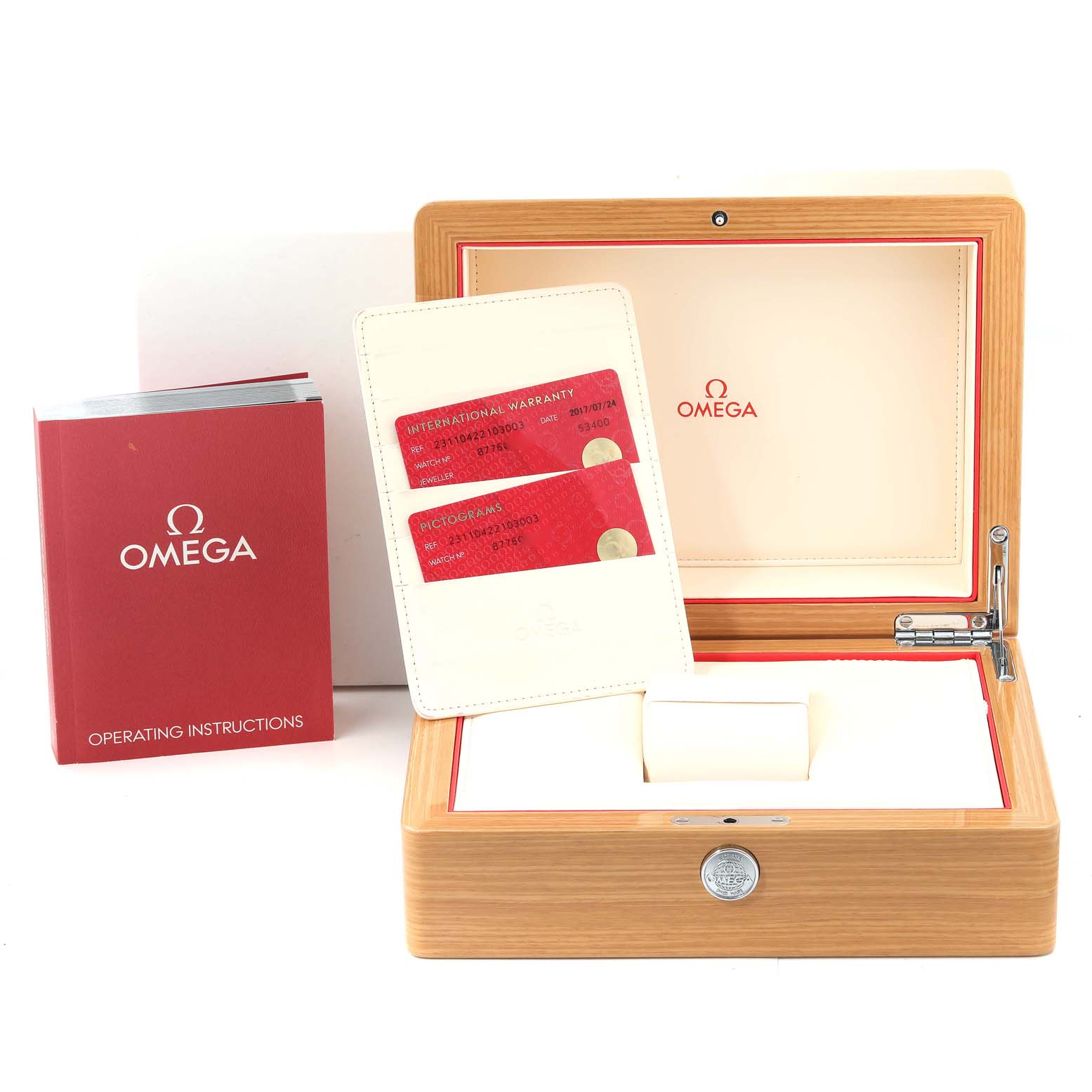 The image shows the box, warranty cards, and operating instructions for the Omega Aqua Terra 231.10.42.21.03.003 Men
s Stainless Steel Blue Dial 231.10.42.21.03.003 Men
s Stainless Steel Blue Dial model watch.